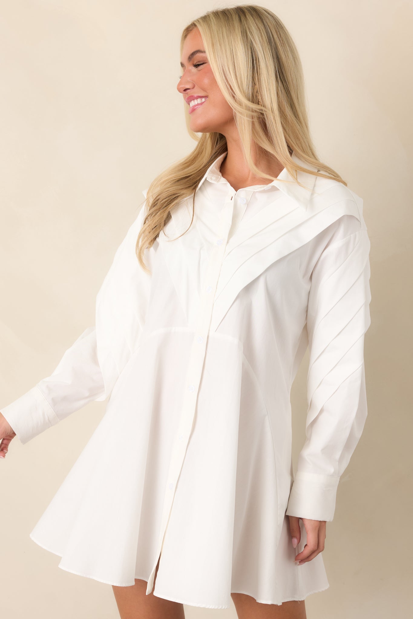 All The Angles White Cotton Pleated Detail Long Sleeve Button-Up Mini Dress
