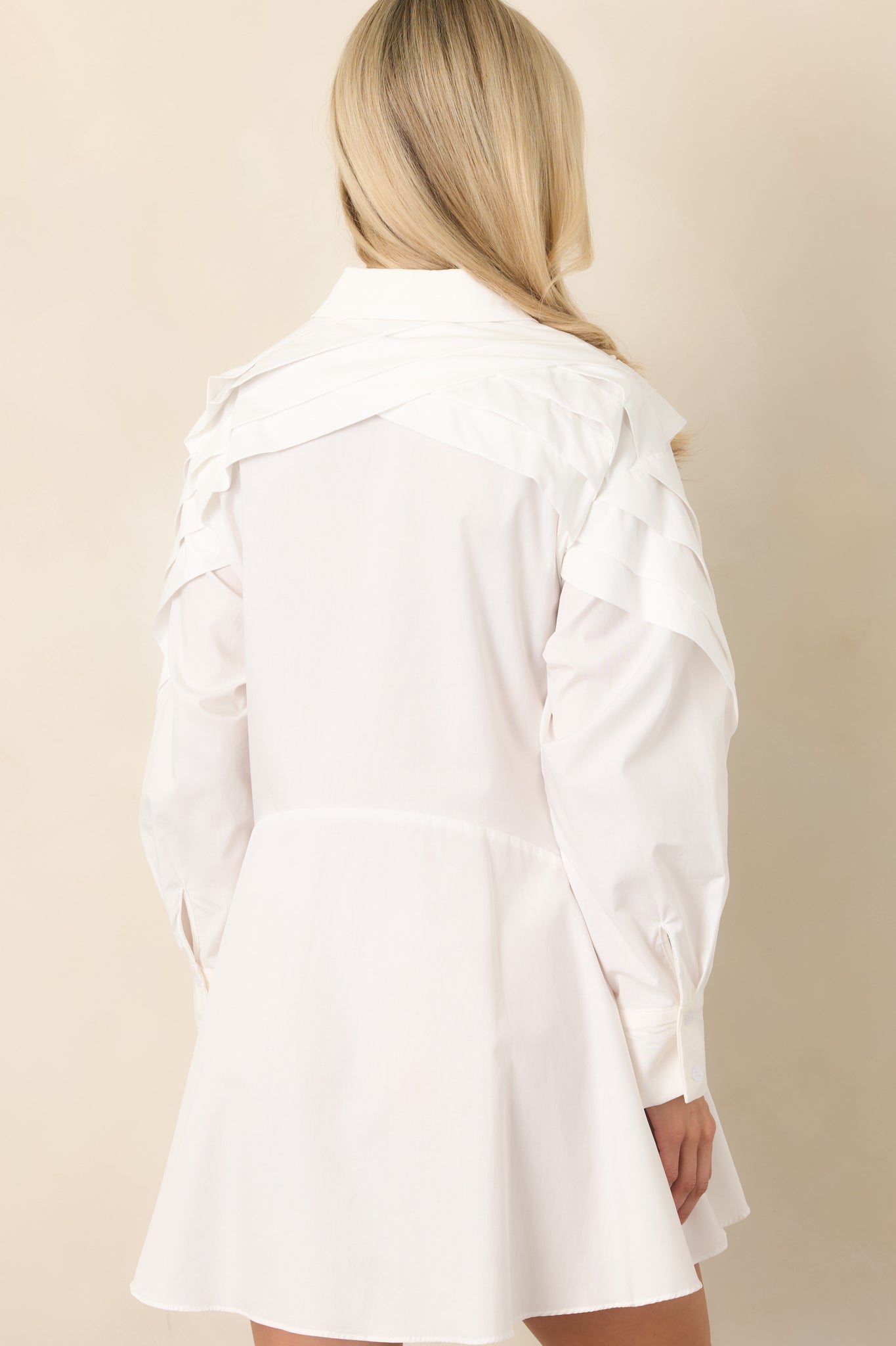 All The Angles White Cotton Pleated Detail Long Sleeve Button-Up Mini Dress