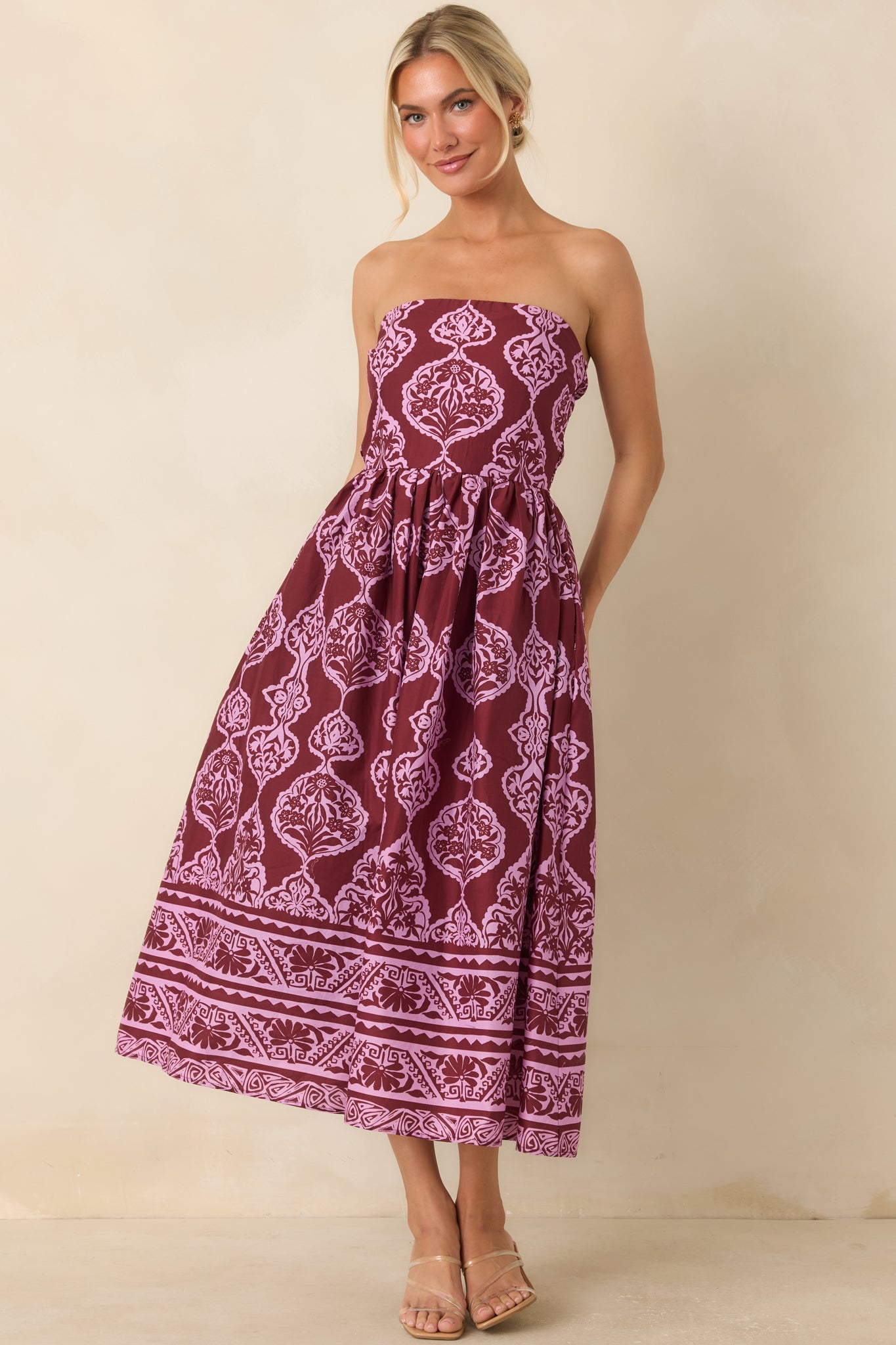 Painted Passage Wine & Orchid Pink Cotton Strapless Midi Dress