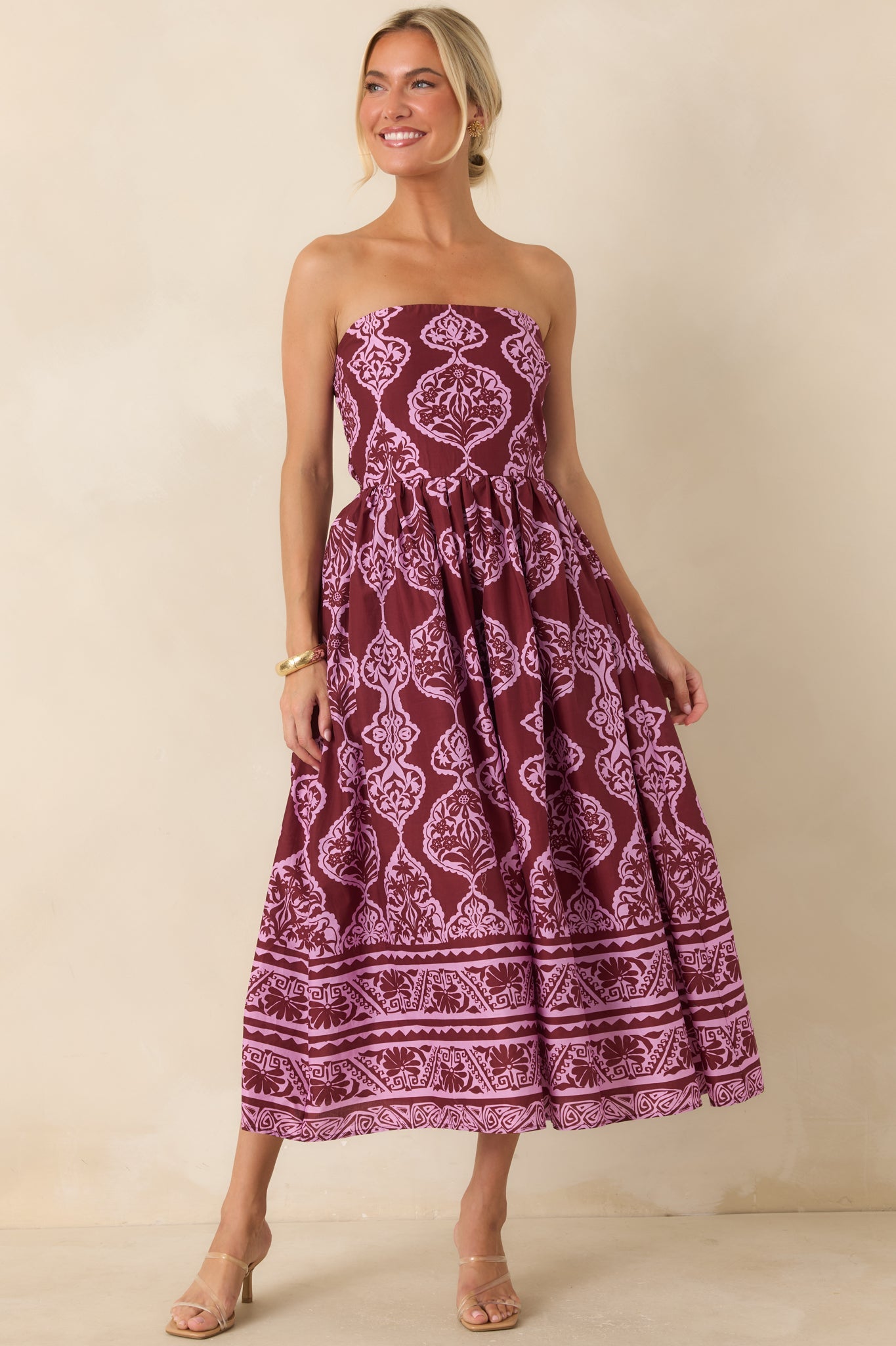 Painted Passage Wine & Orchid Pink Cotton Strapless Midi Dress