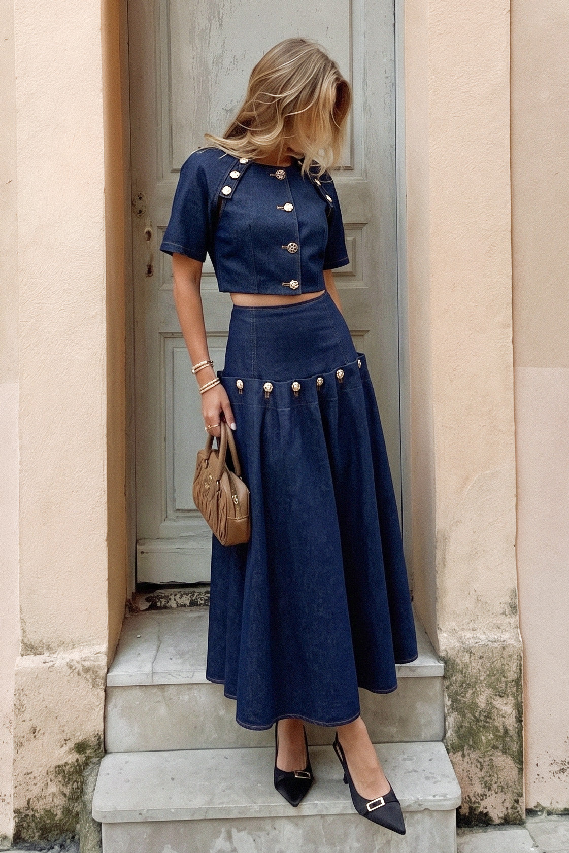 Denim Metallic Button Short Sleeve Top  And Tie-Up Skirt Set