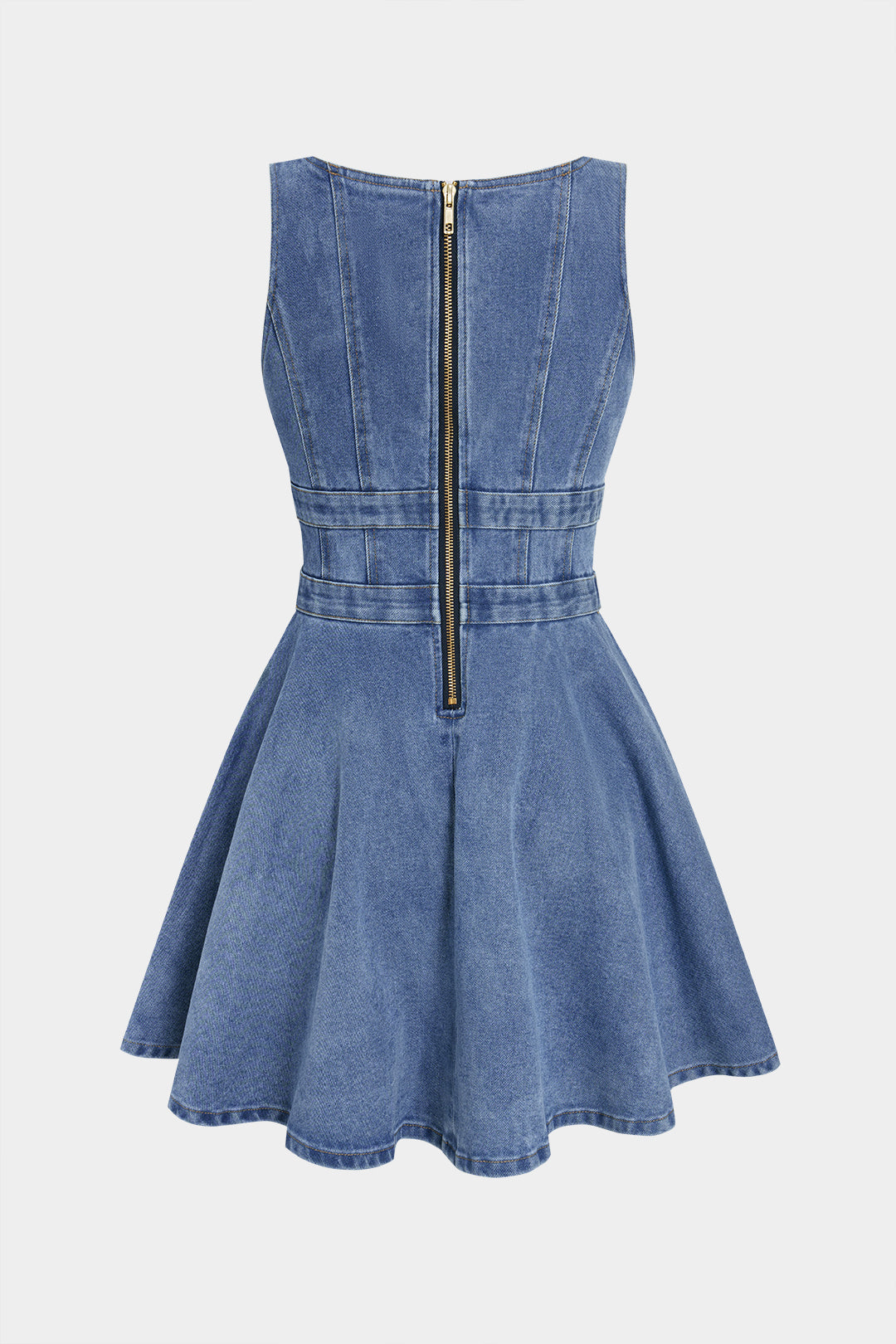 Denim Metallic Double Belted Sleeveless Mini Dress