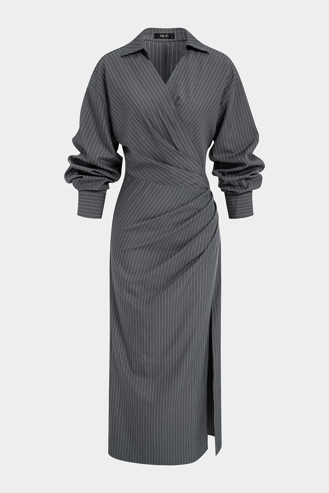 Stripes Print V-Neck Ruched Long Sleeve Maxi Dress