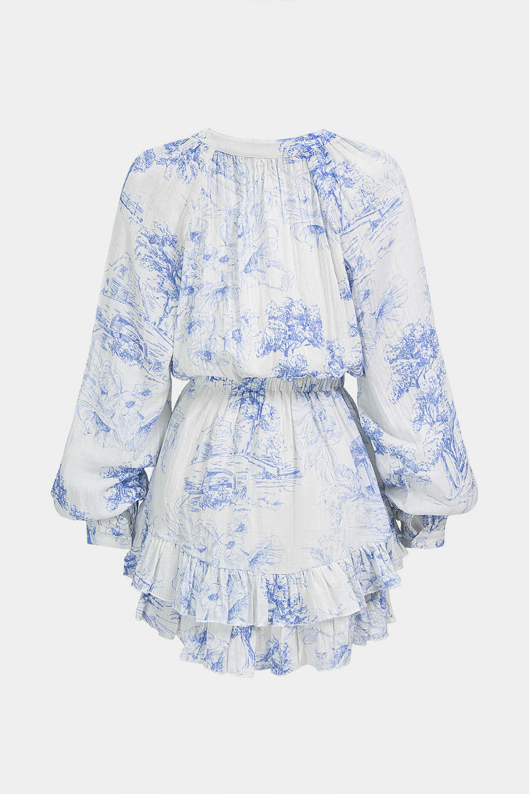 Floral Print V-Neck Ruffle Hem Long Sleeve Mini Dress