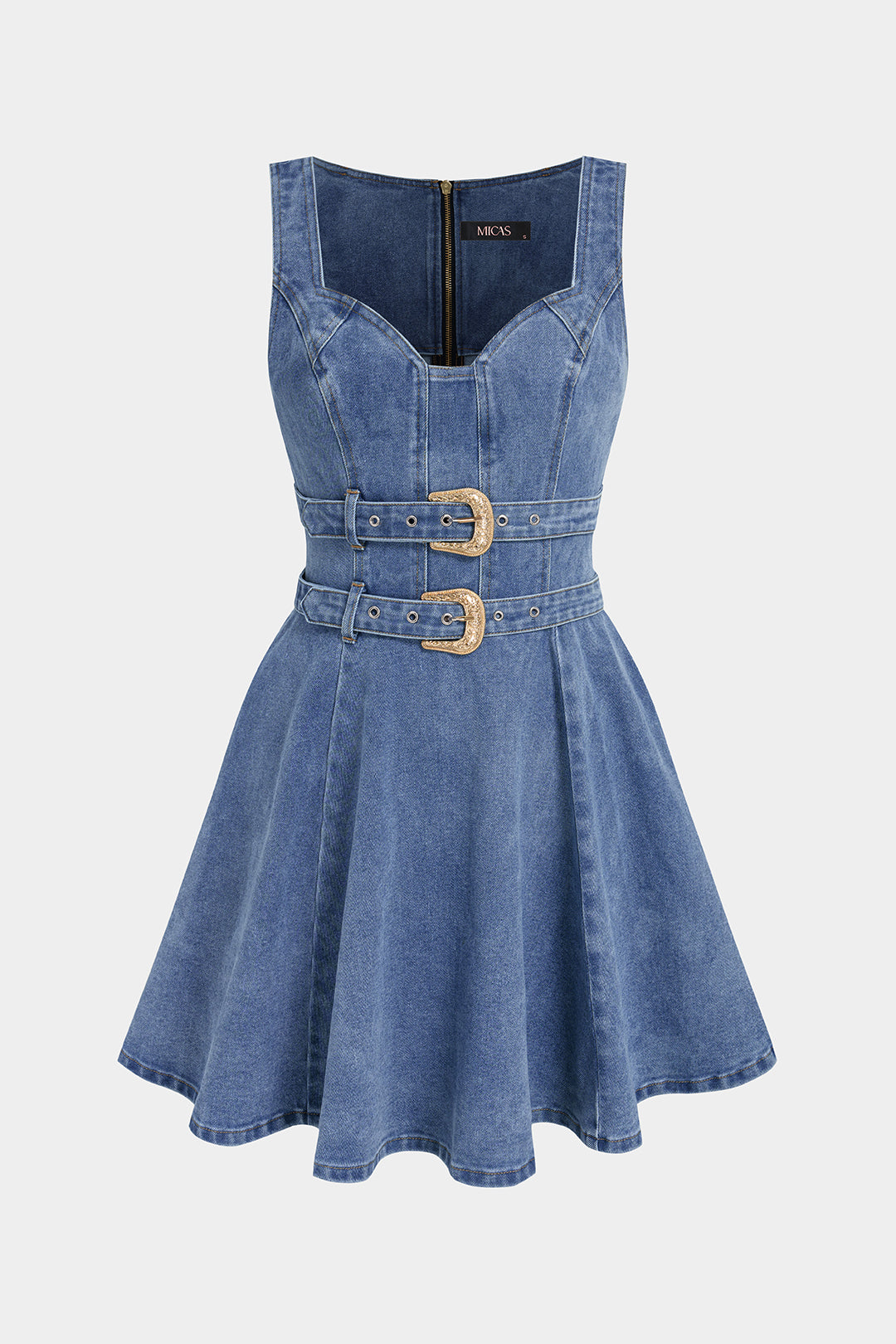 Denim Metallic Double Belted Sleeveless Mini Dress
