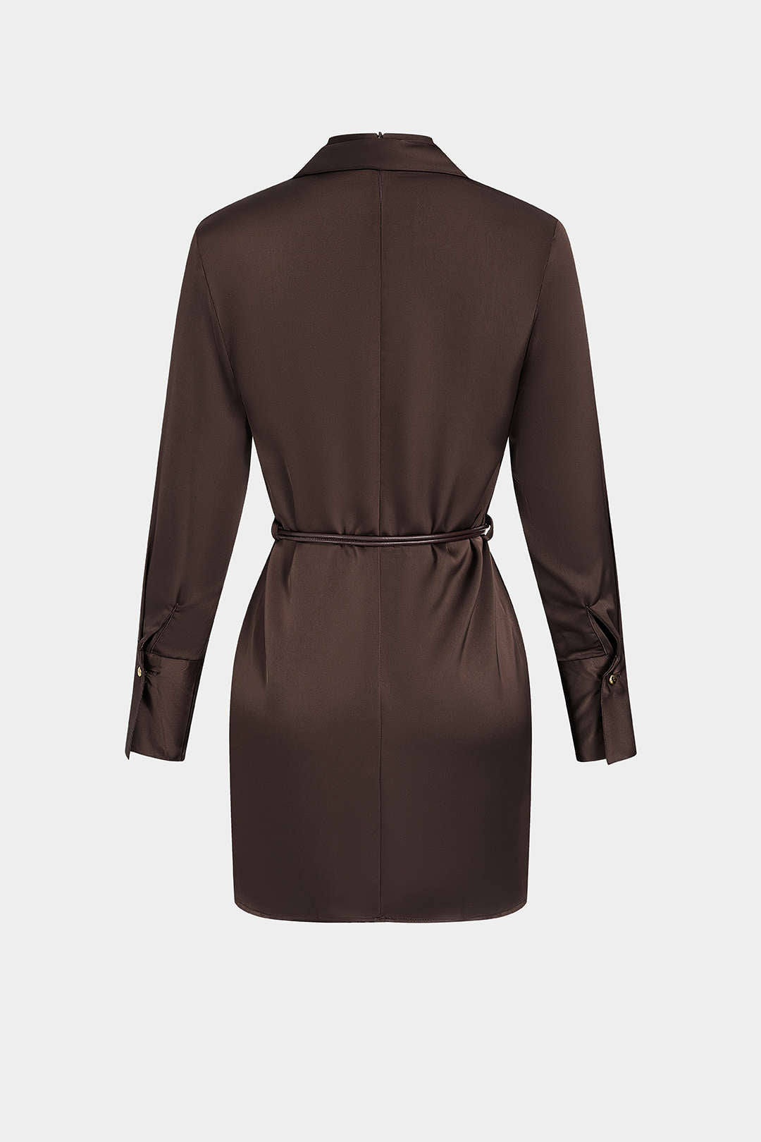 Satin Stand Collar Belted Long Sleeve Mini Dress