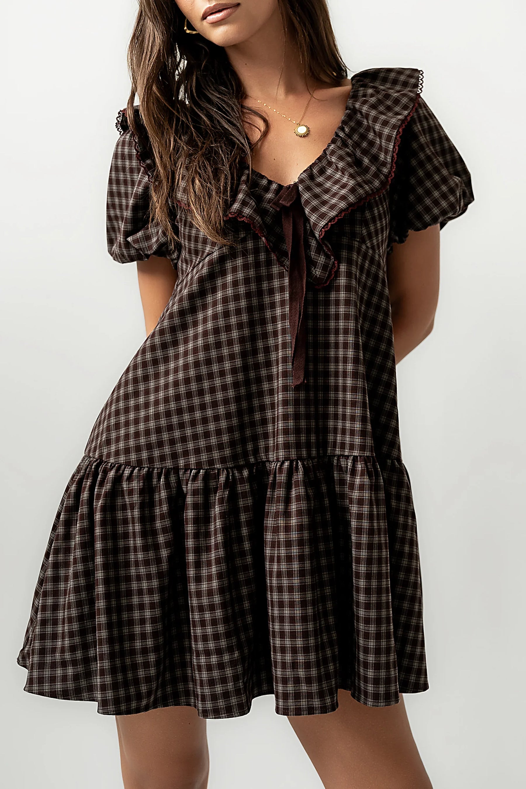 Tony Gingham Baby Doll Dress in Brown