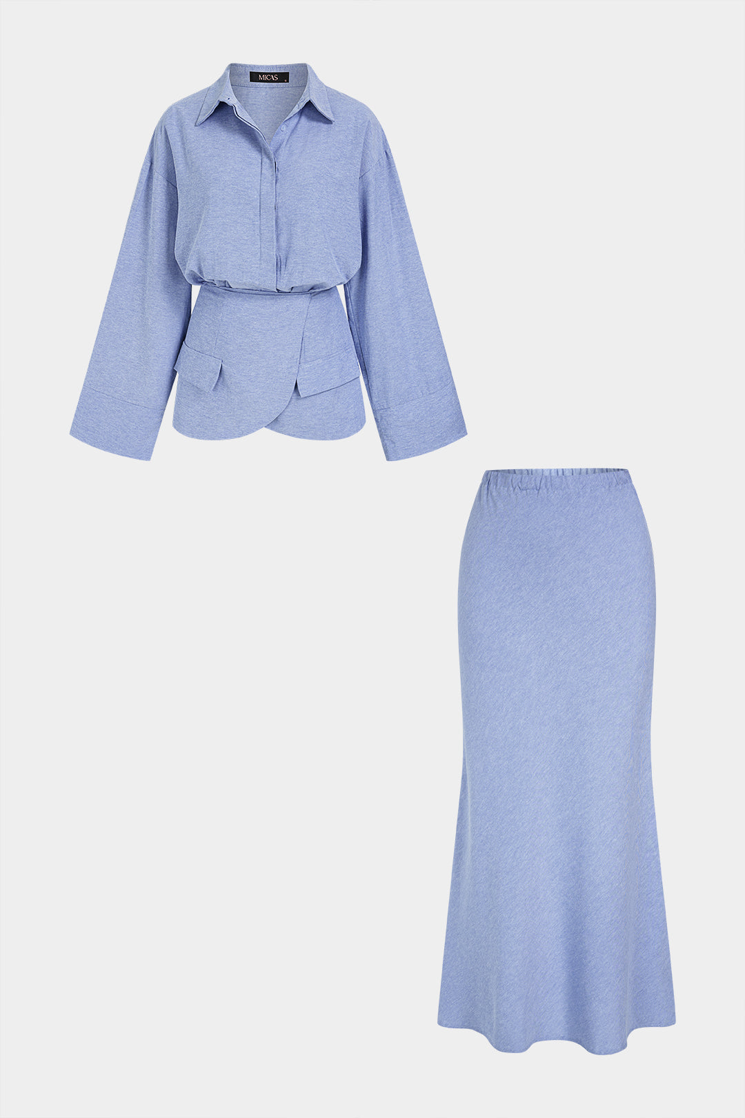 Lapel Long Sleeve Shirt And Wrap Skirt Set