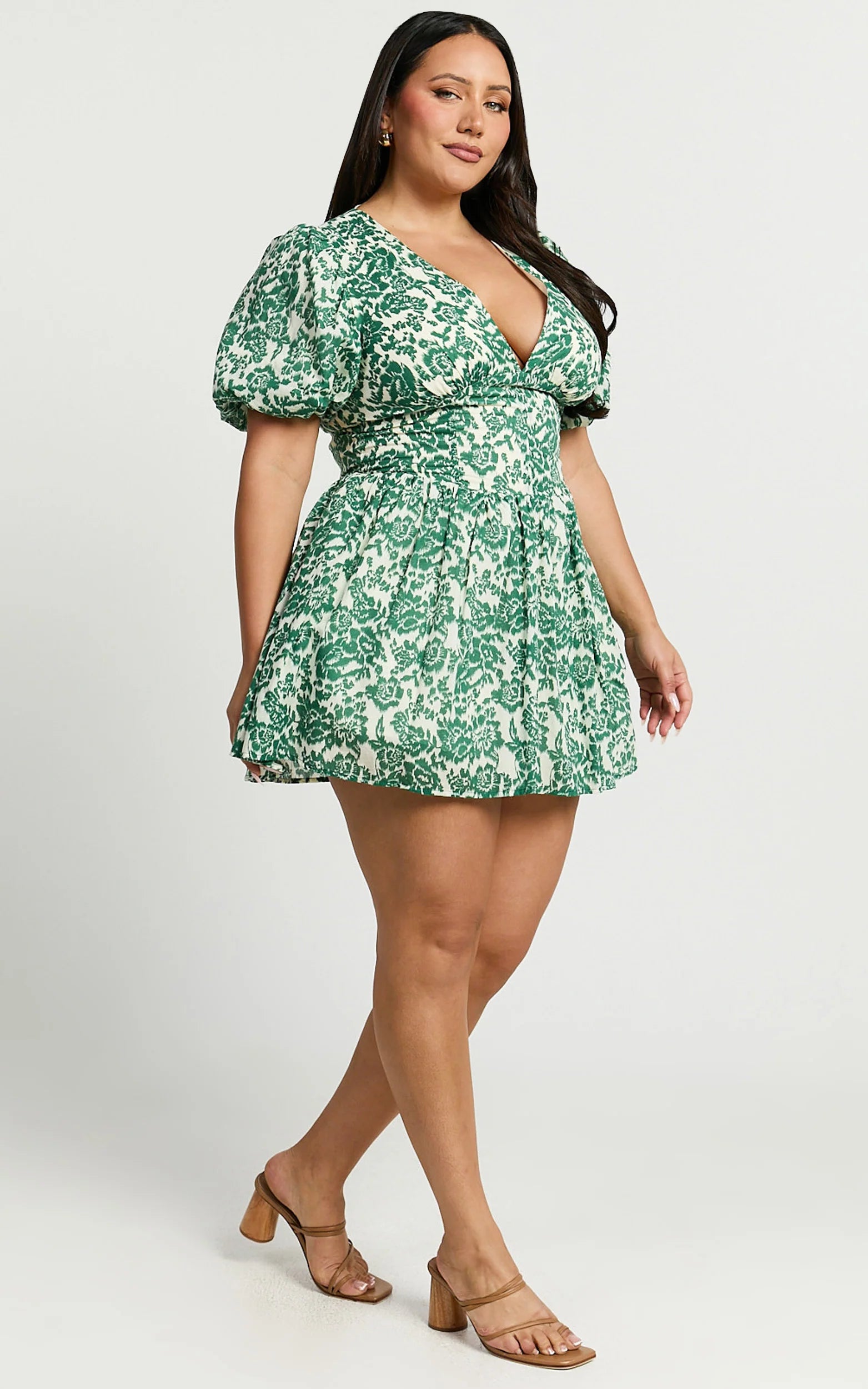 Nelli Mini Dress - Short Puff Sleeve Shirred Back Dress in Green Silhouette
