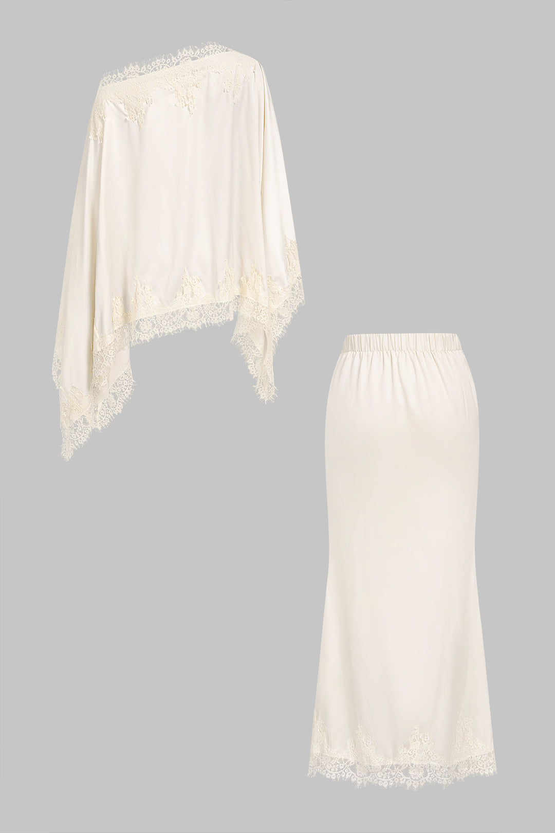 Lace Trim Patchwork Shawl And Shirred Waistband Skirt Set