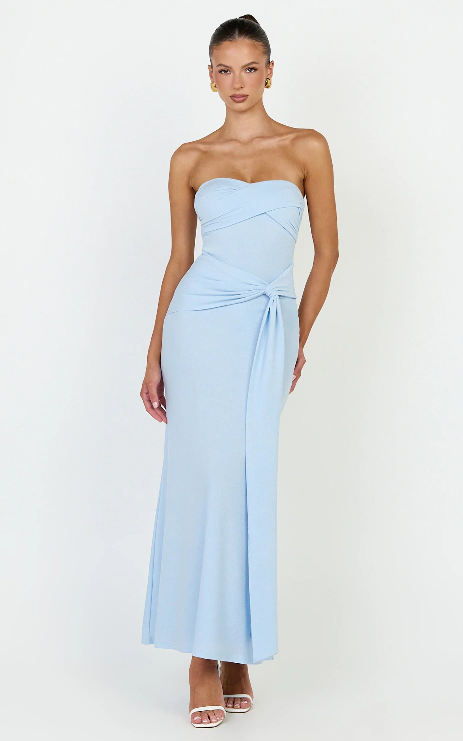 Aria Midi Dress - Strapless Tie Waist Dress in Light Blue