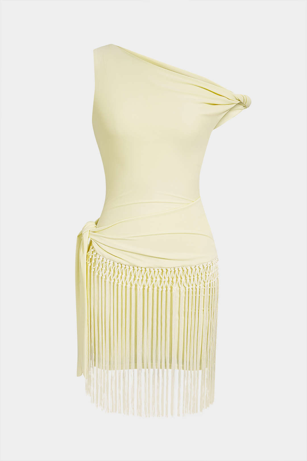 One Shoulder Twist Knot Fringe Sleeveless Mini Dress