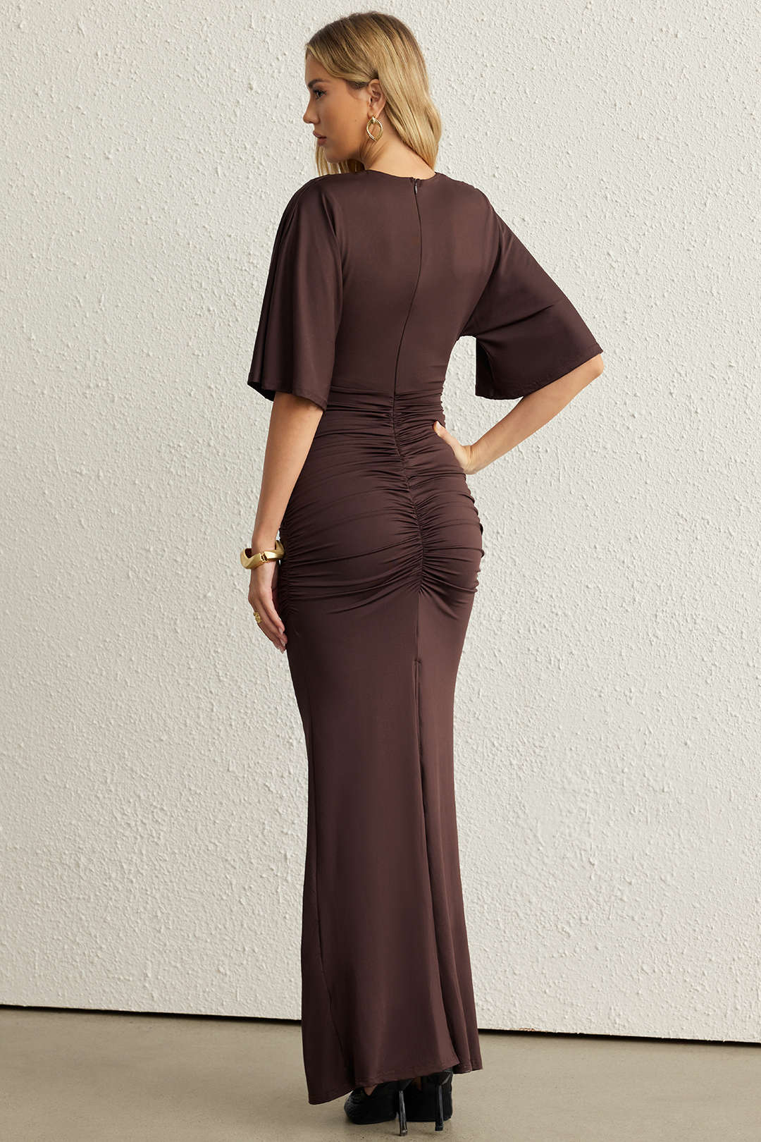 Draped Cowl Neck Short Sleeve Maxi Dress