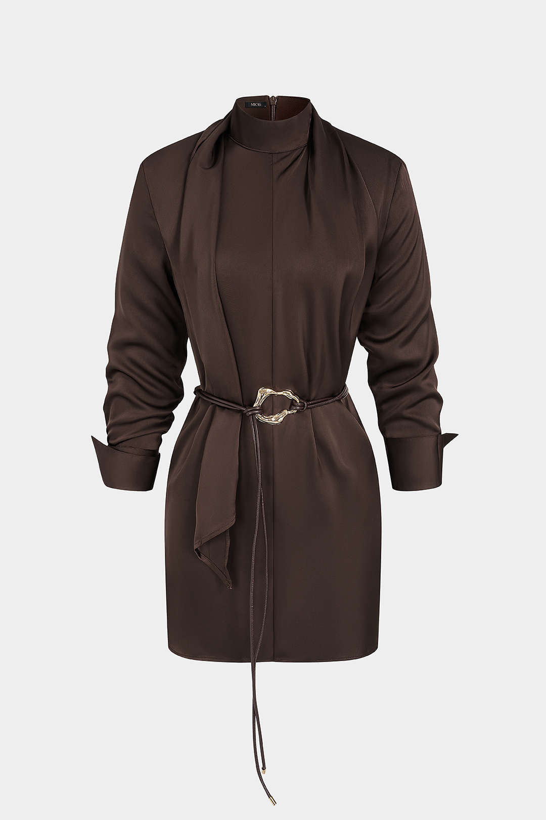 Satin Stand Collar Belted Long Sleeve Mini Dress