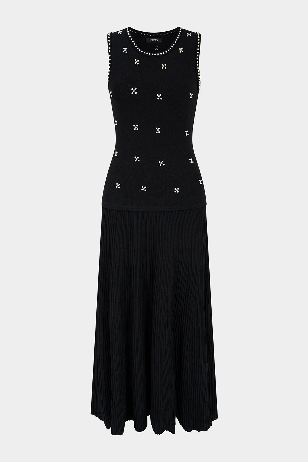 Knit Round Neck Peals Rhinestone Decor Sleeveless Maxi Dress
