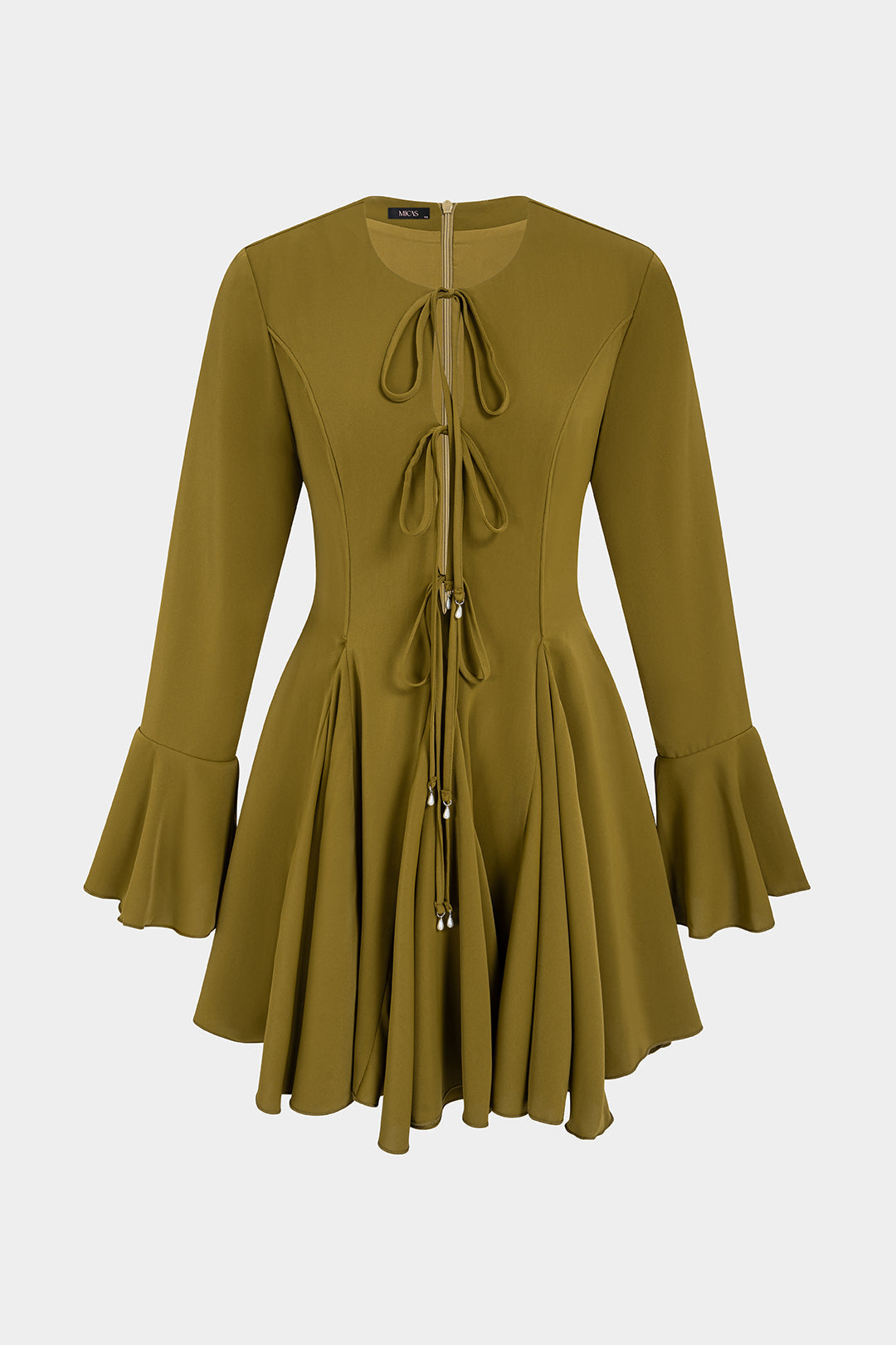 Solid Ruched Tie-Up Long Sleeve Mini Dress