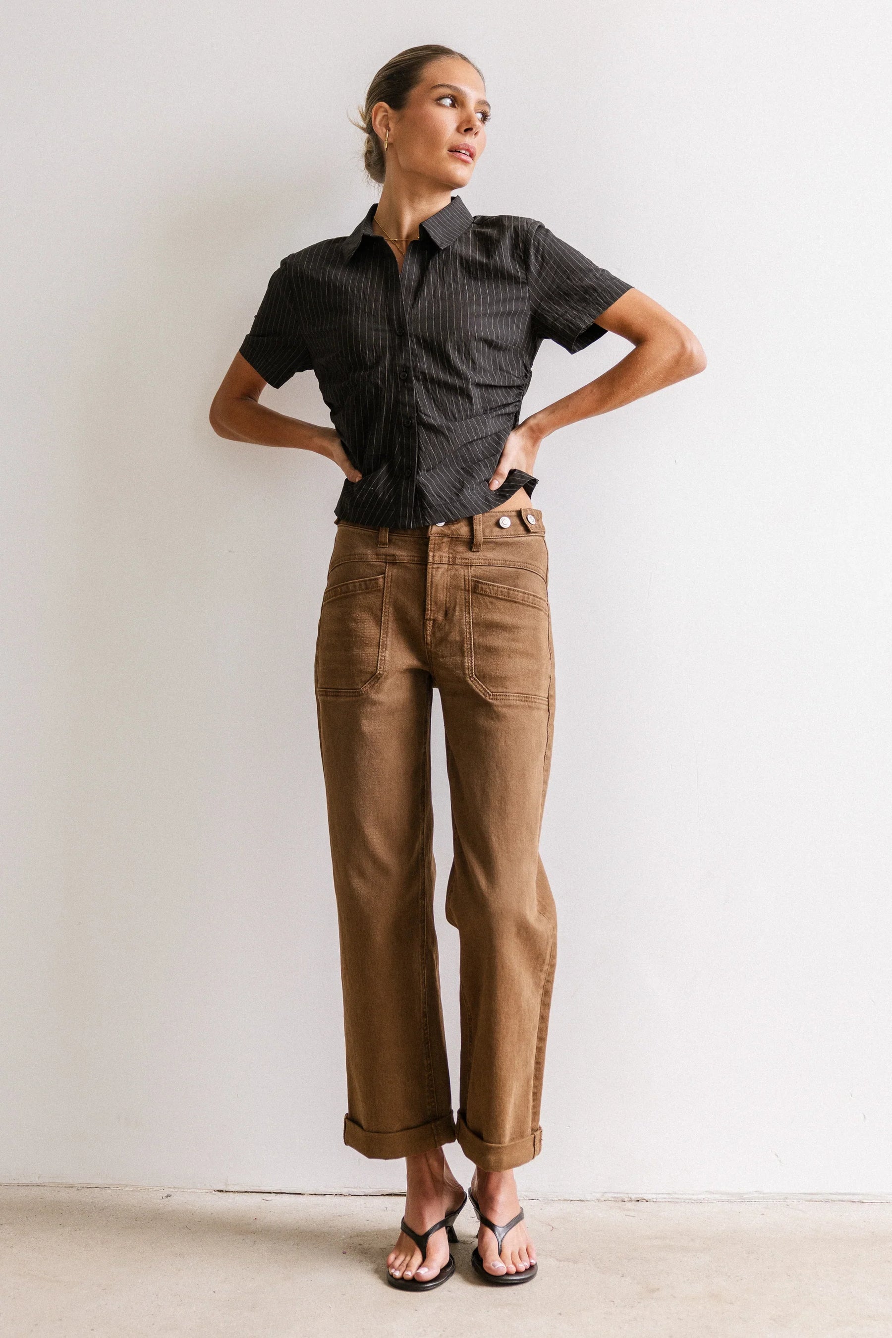 Brandy Ruched Button Up in Black