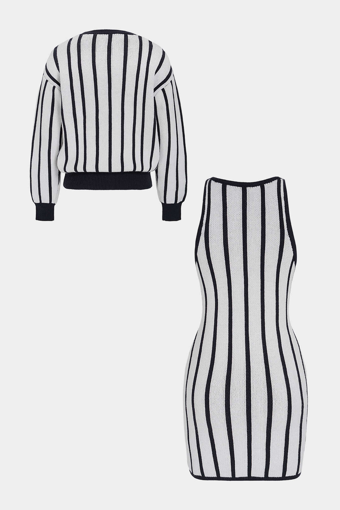 Knit Stripes Print V-Neck Long Sleeve Cardigan And Round Neck Sleeveless Mini Dress Set