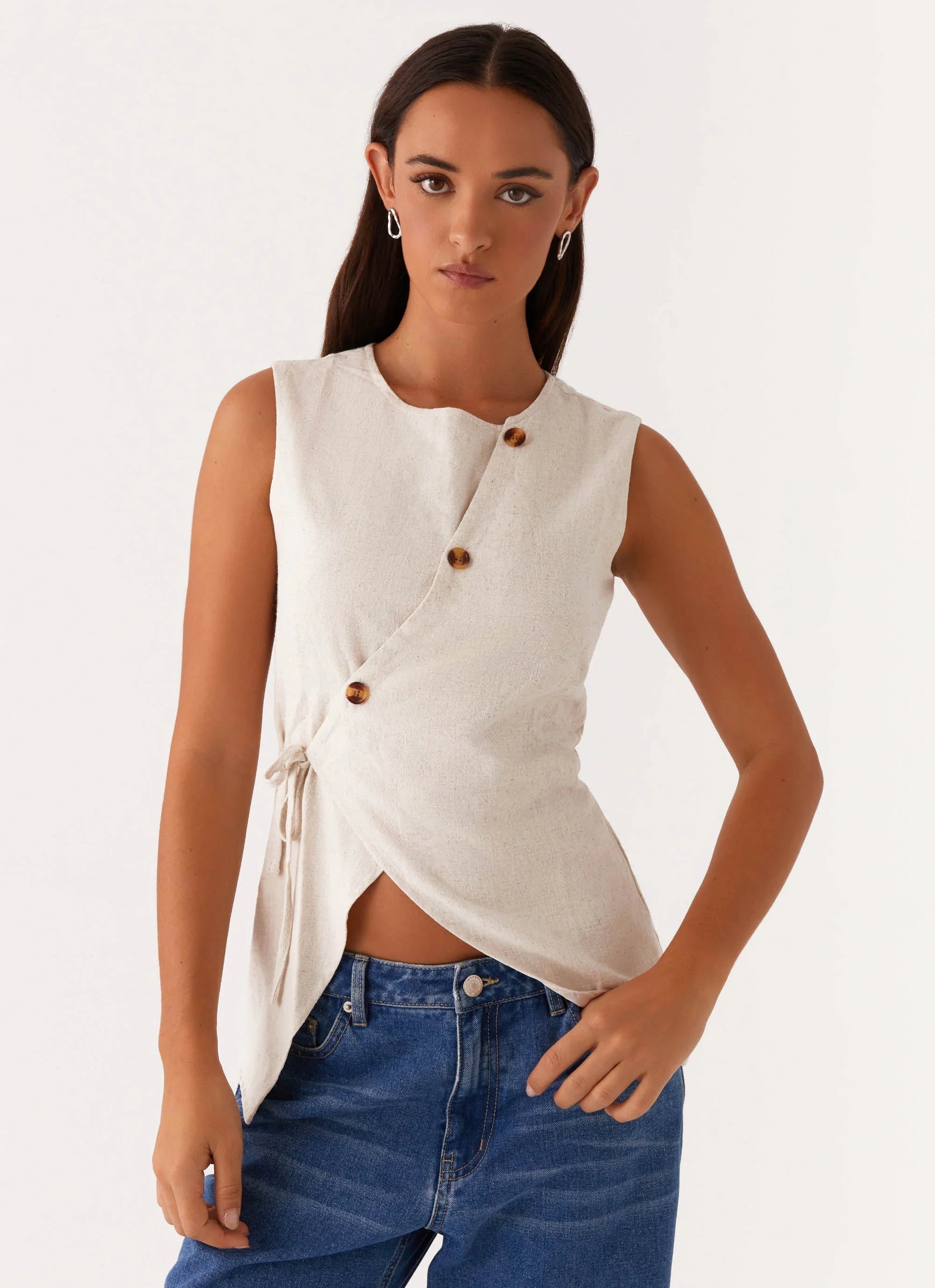Button Tie Vest - Oatmeal