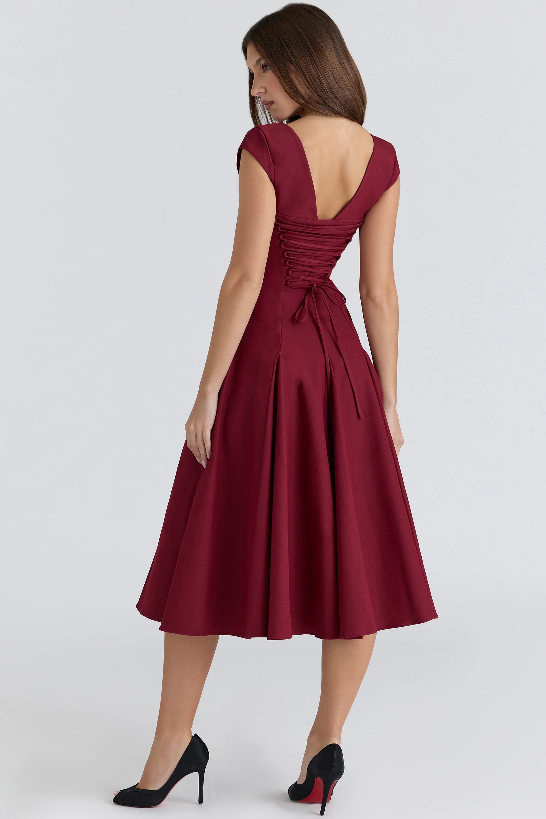 wine lace back twill midi dress