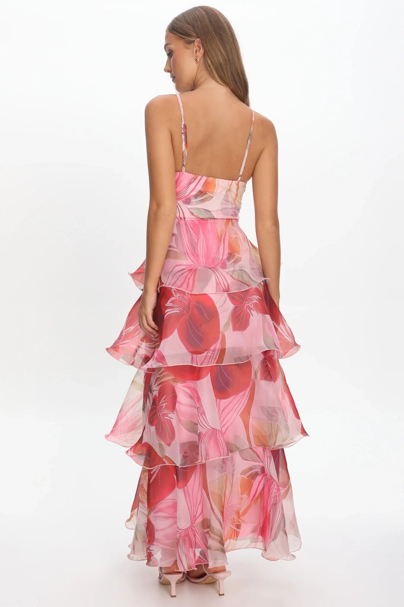 Varenna Layered Sweetheart Neckline Maxi Dress Print Red