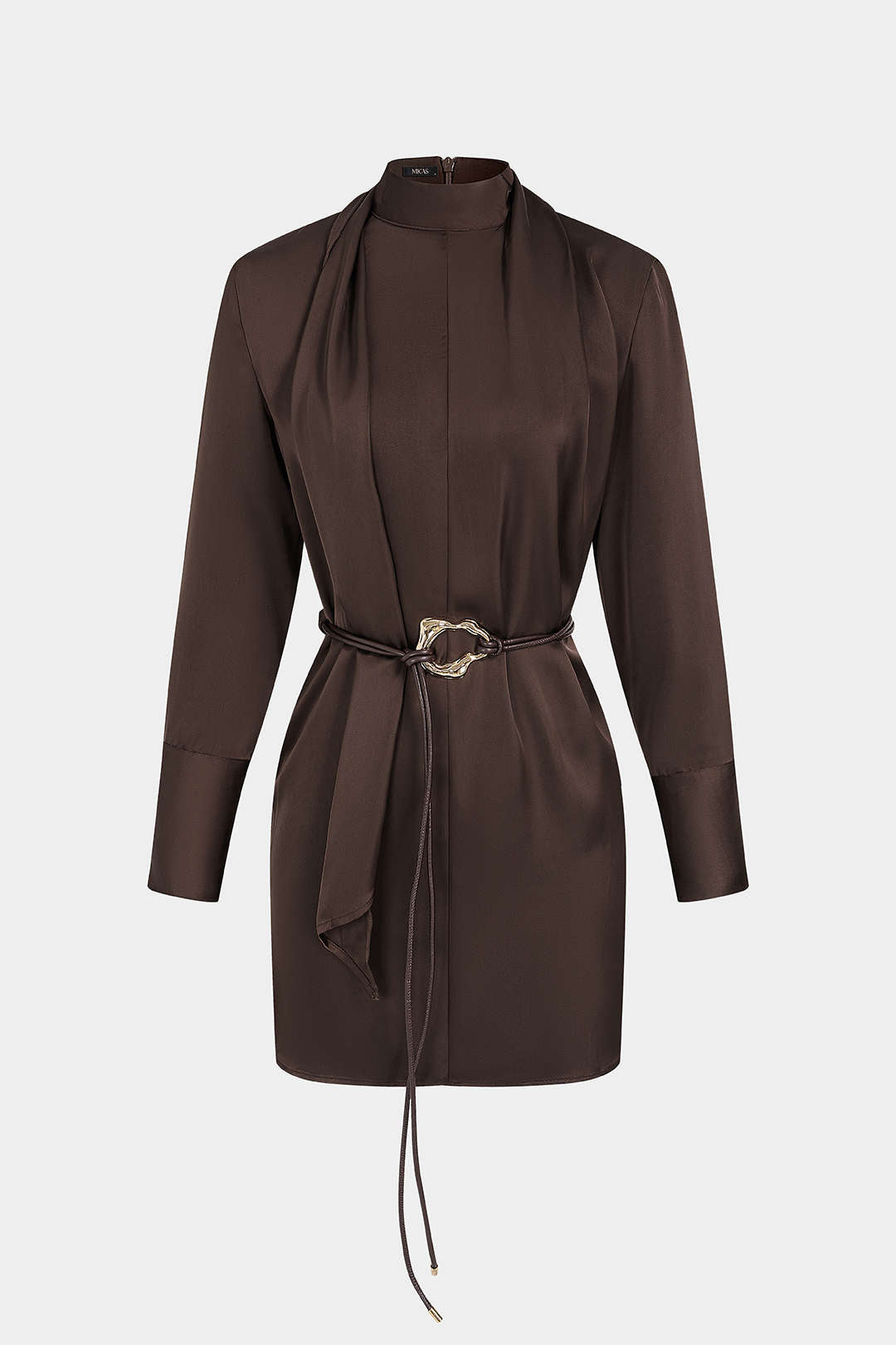 Satin Stand Collar Belted Long Sleeve Mini Dress