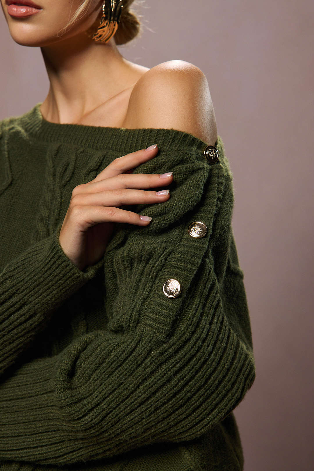 Knit One Shoulder Asymmetrical Metallic Button Long Sleeve Mini Dress