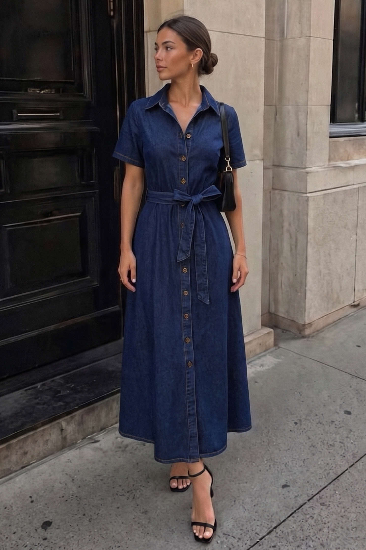 Denim V-Neck Belted Short Sleeve Maxi Dress