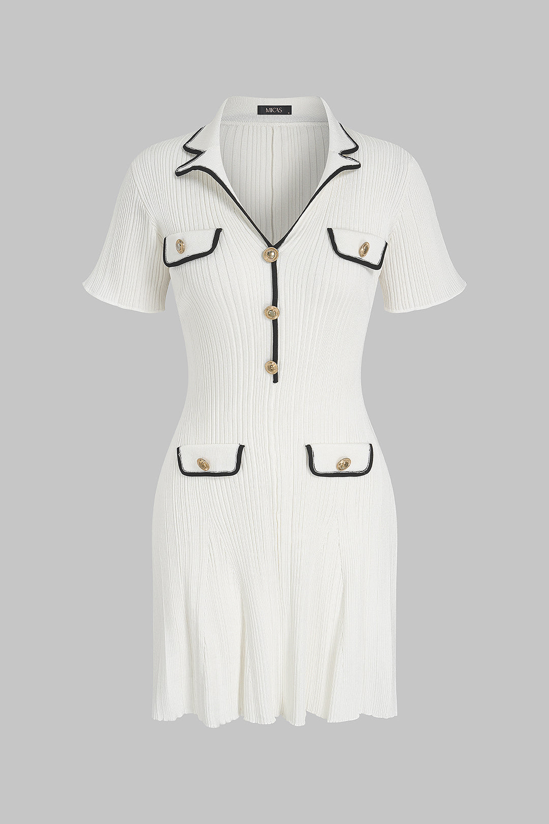 Knit Contrast Trim Metallic Button Short Sleeve Mini Dress