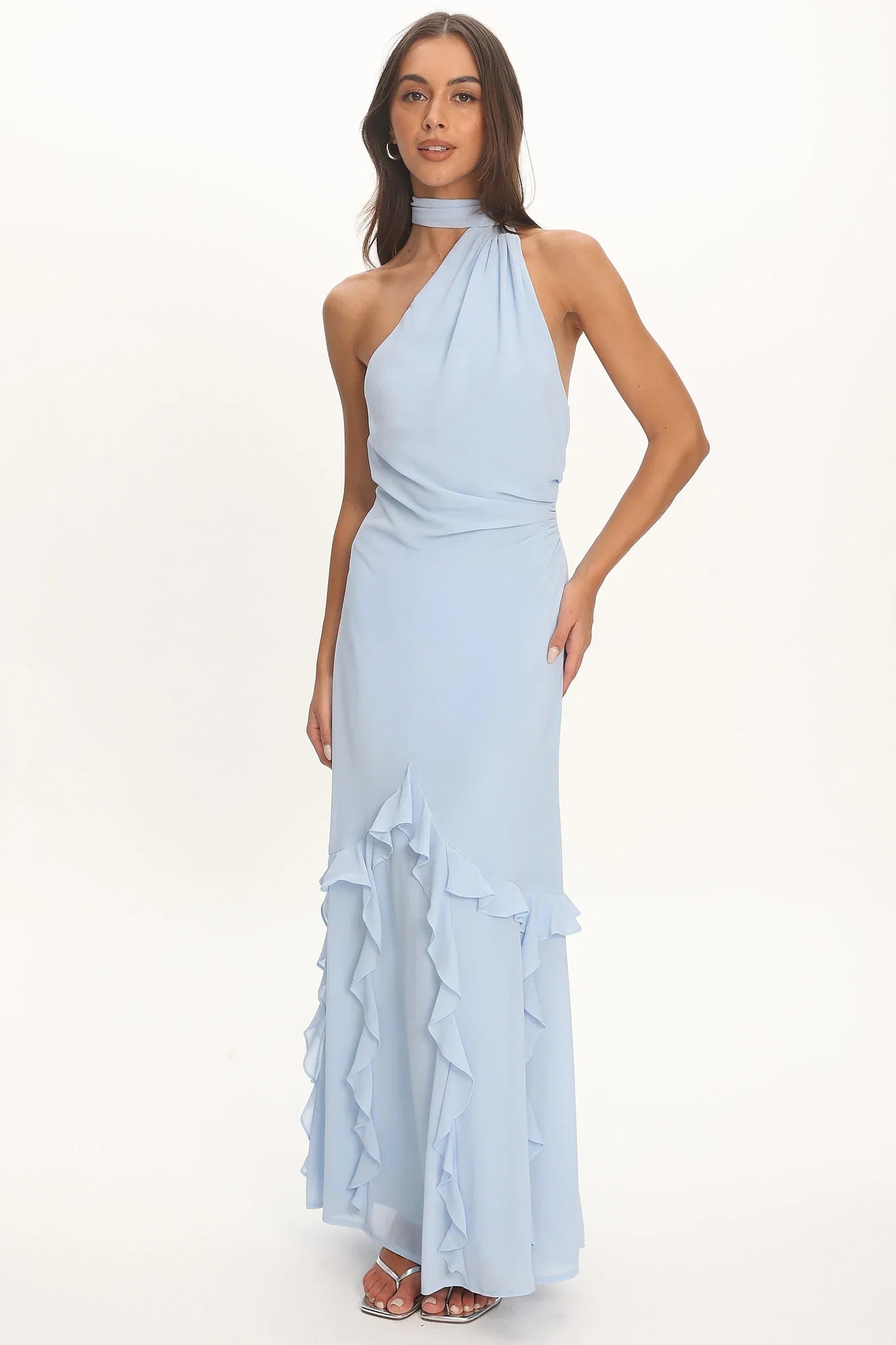 Lorielle One-Shoulder Ruffle Trim Maxi Dress Blue