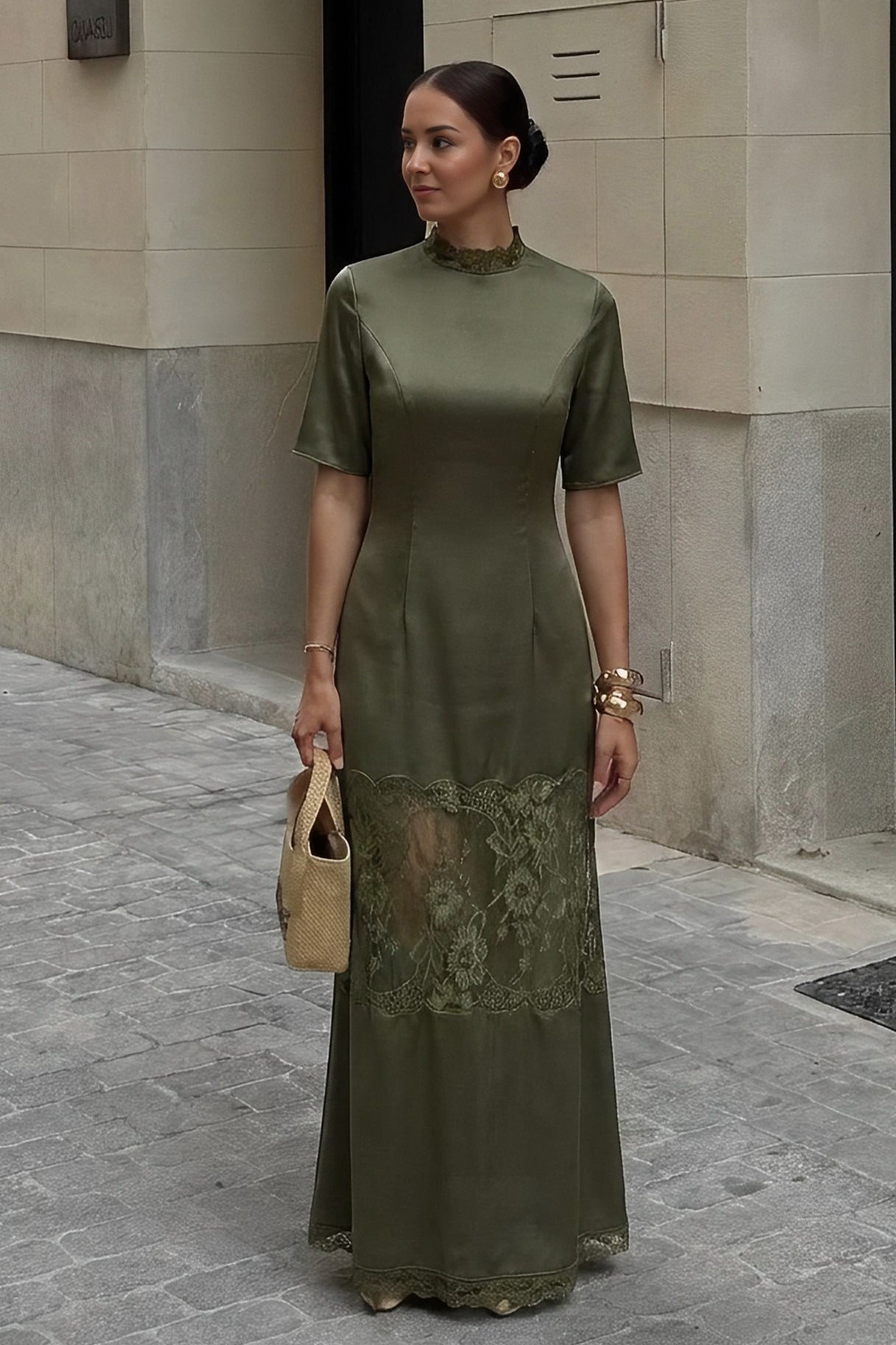 Satin Patchwork Lace Short Sleeve Maxi Dress