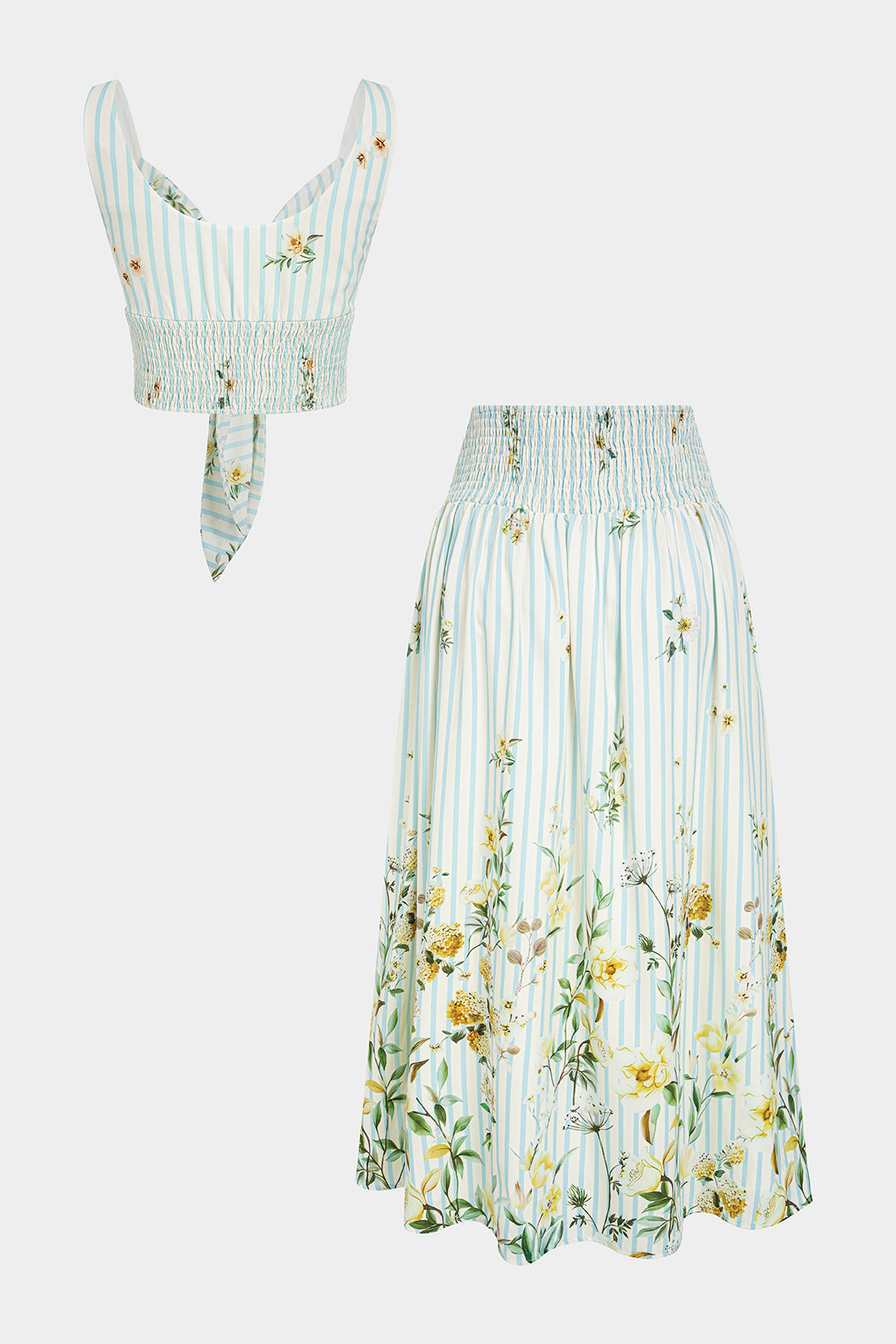 Floral Print Tie Front Ruched Tank Top And Smocked Skirt Set