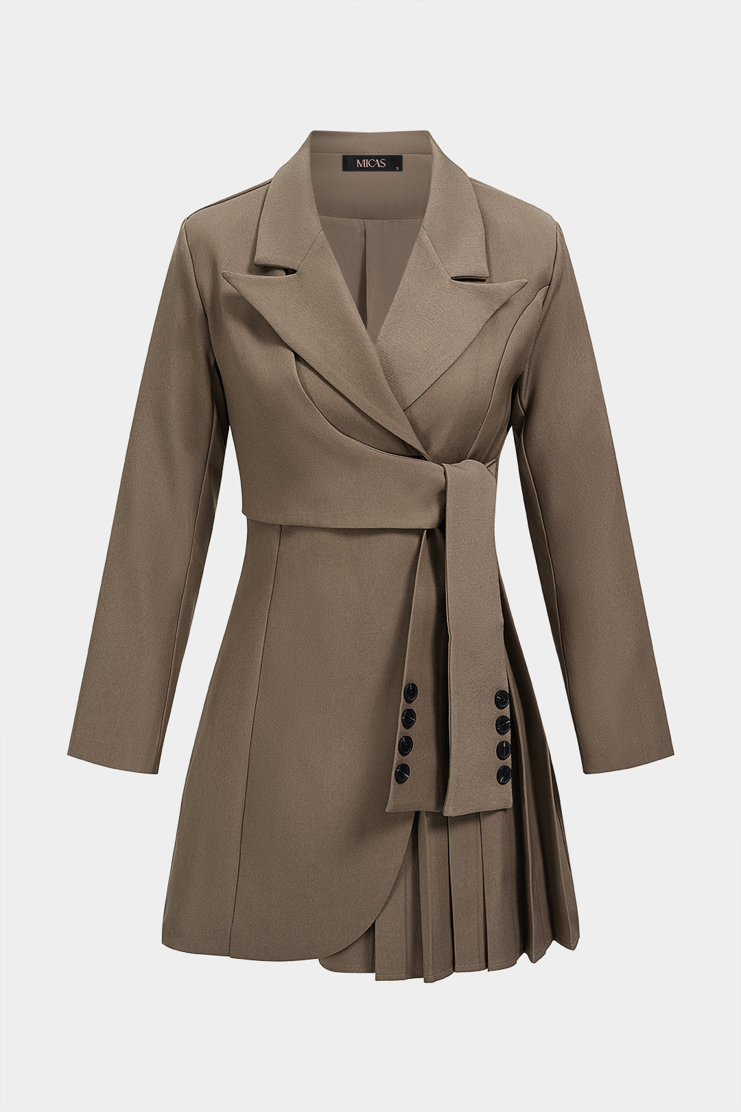 Notched Lapel Tie-Up Asymmetrical Pleated Long Sleeve Mini Dress