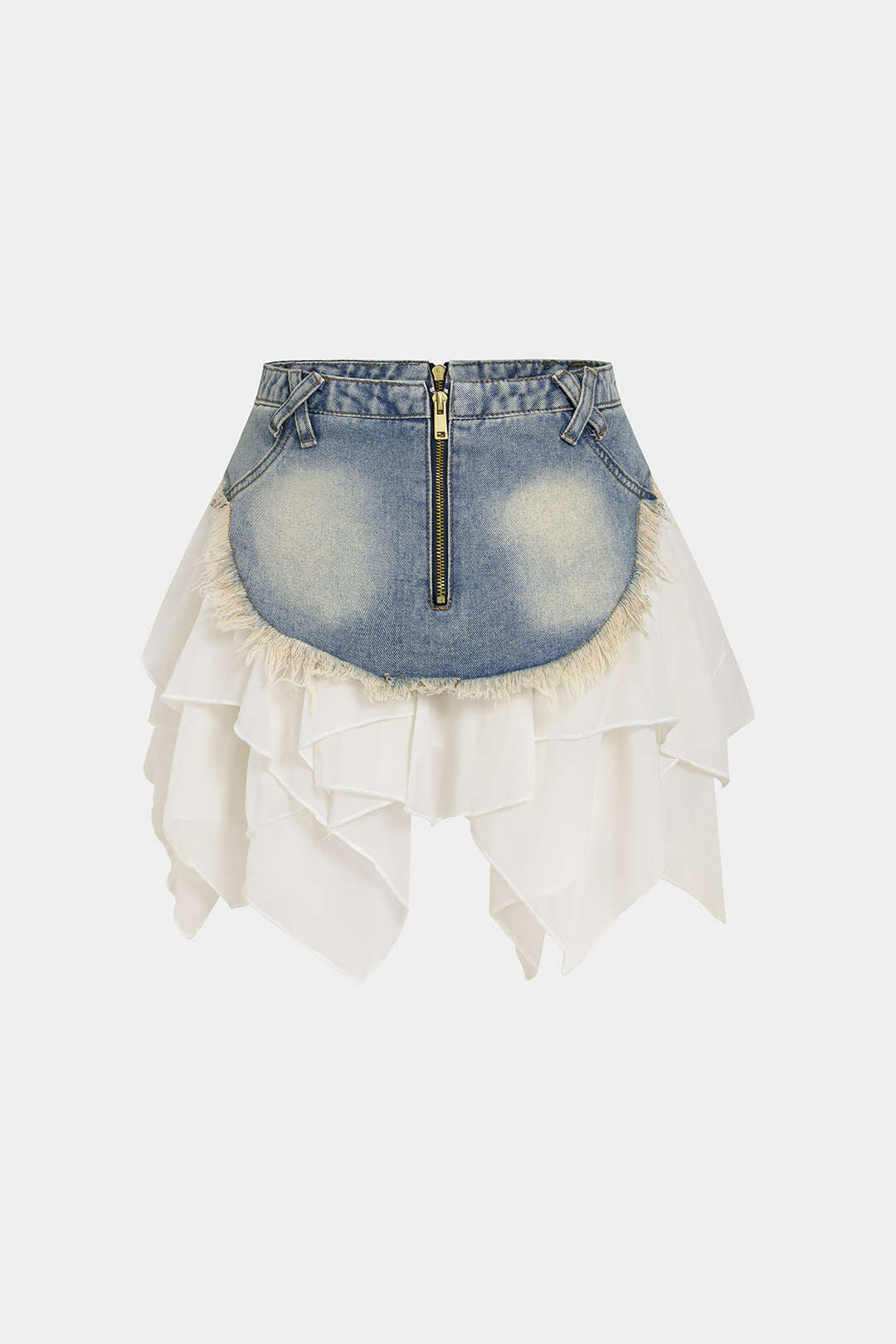 Denim Patchwork Chiffon Irregular Hem Frayed Skirt