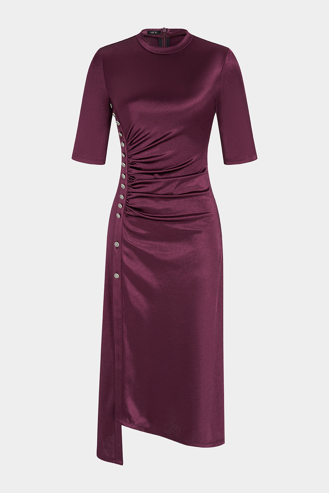Satin Metallic Button Ruched Short Sleeve Midi Dress