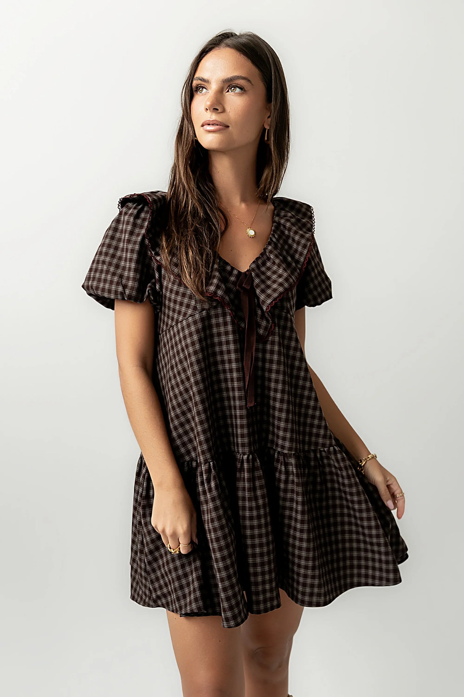 Tony Gingham Baby Doll Dress in Brown