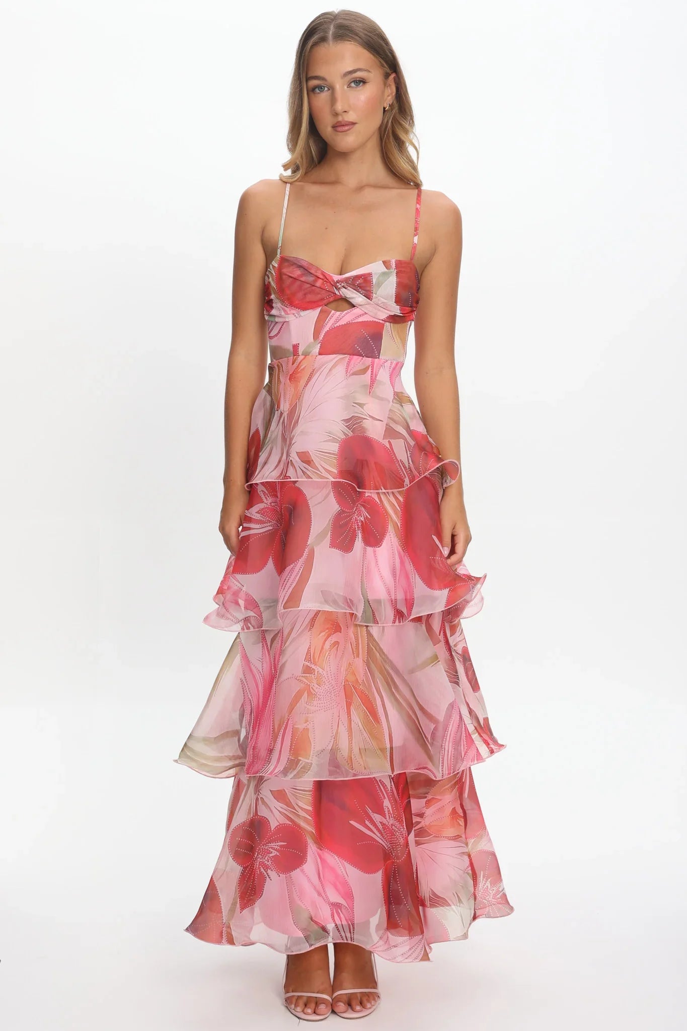 Varenna Layered Sweetheart Neckline Maxi Dress Print Red