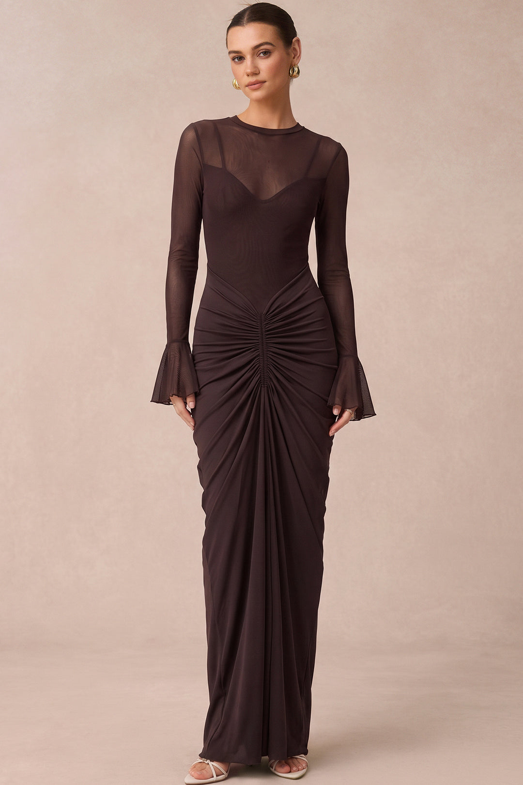 Mesh Patchwork Ruched Bell Long Sleeve Maxi Dress