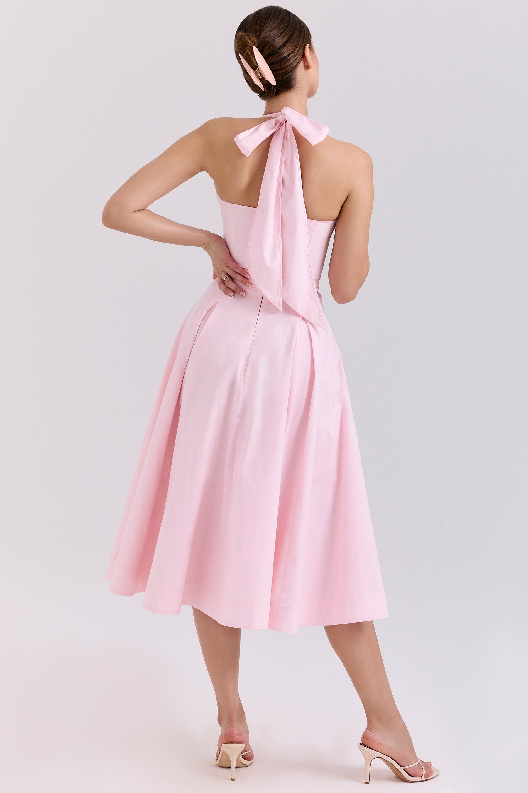 pink stretch cotton halter midi sundress