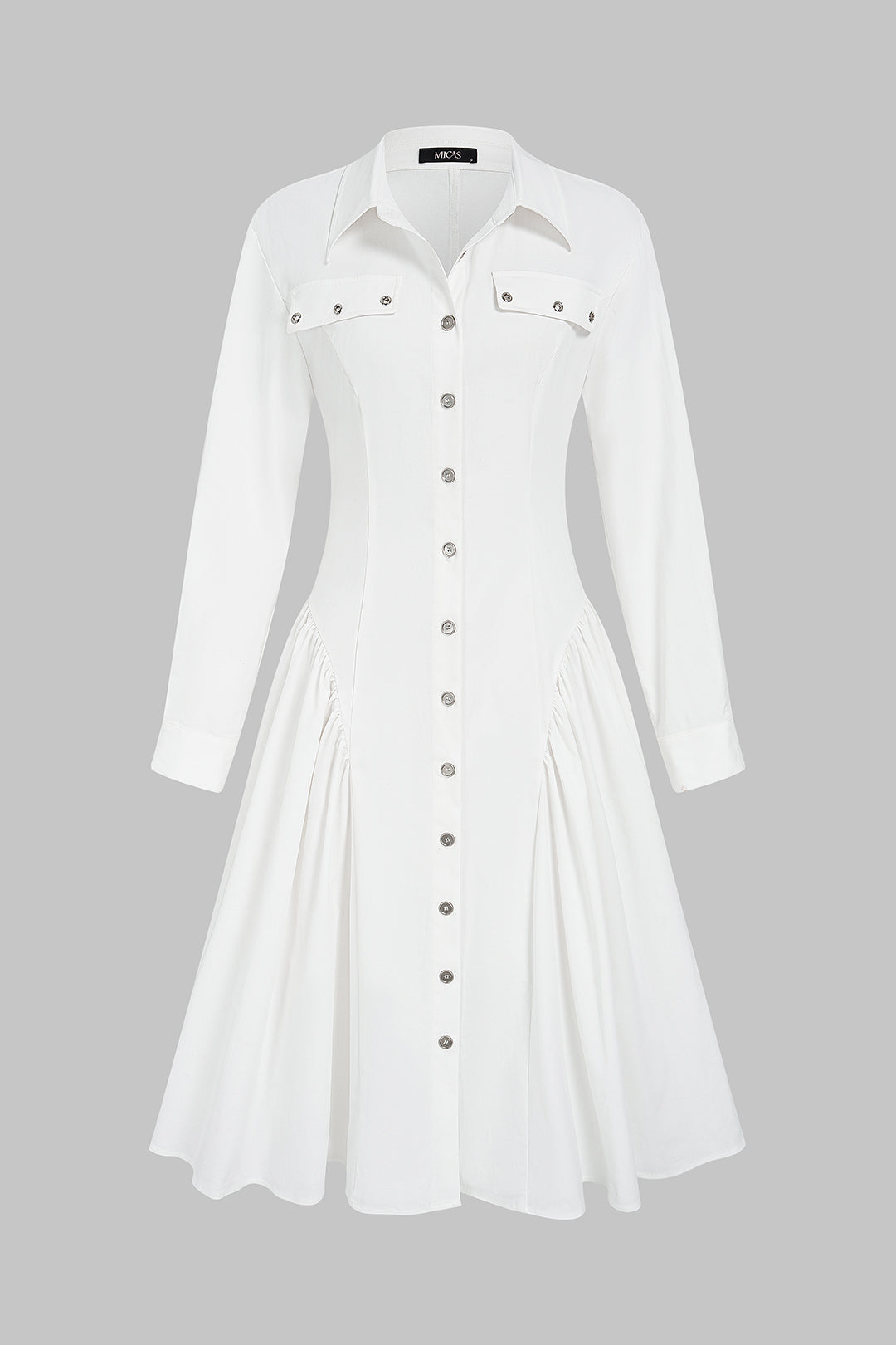 Lapel Fake Pocket Button Long Sleeve Midi Dress