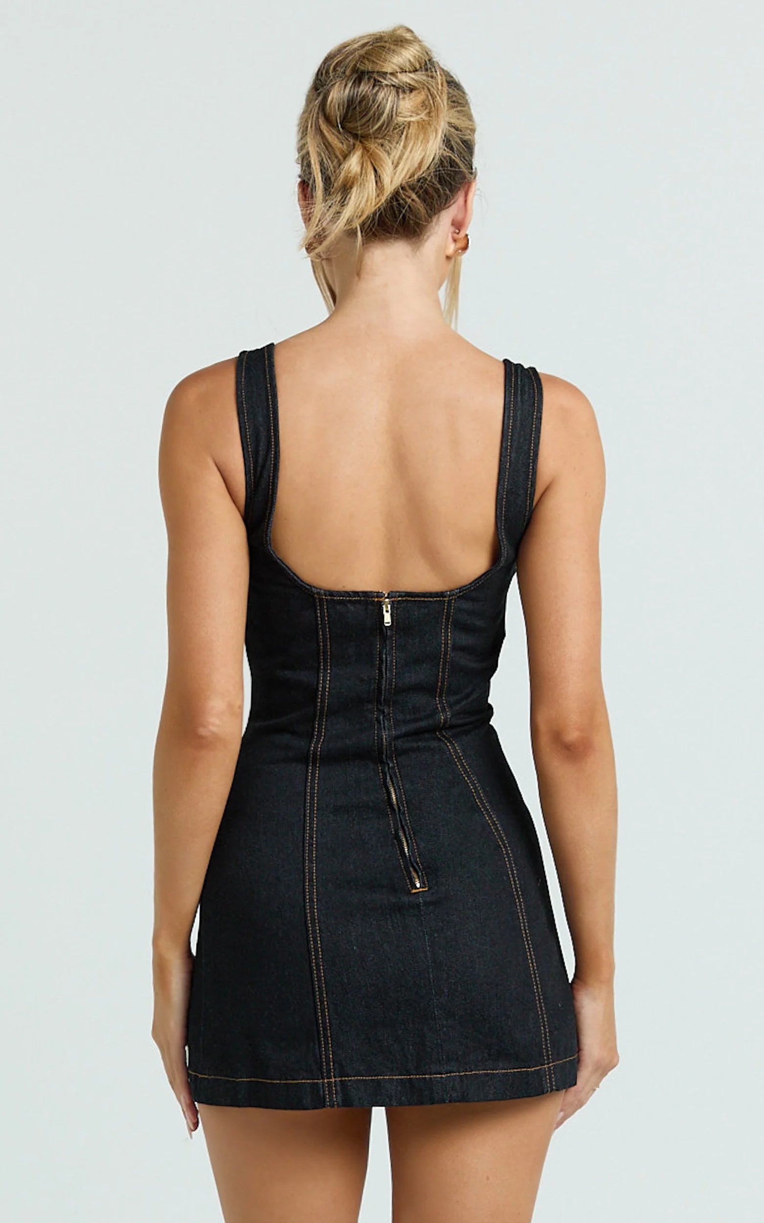 Fabia Mini Dress - Denim Square Neck Fitted Dress in Dark Wash