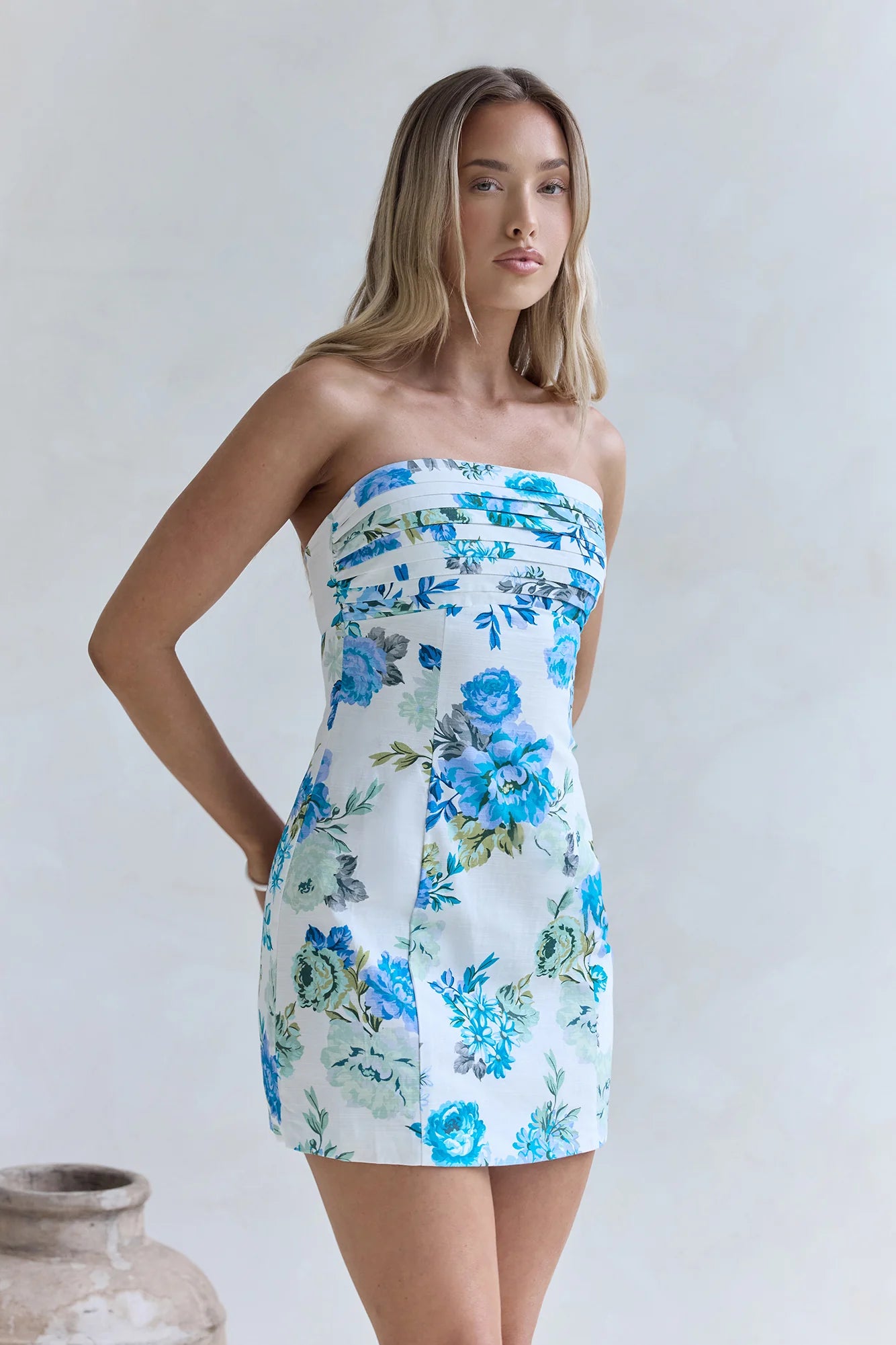 Rose Drift Strapless Mini Dress Blue