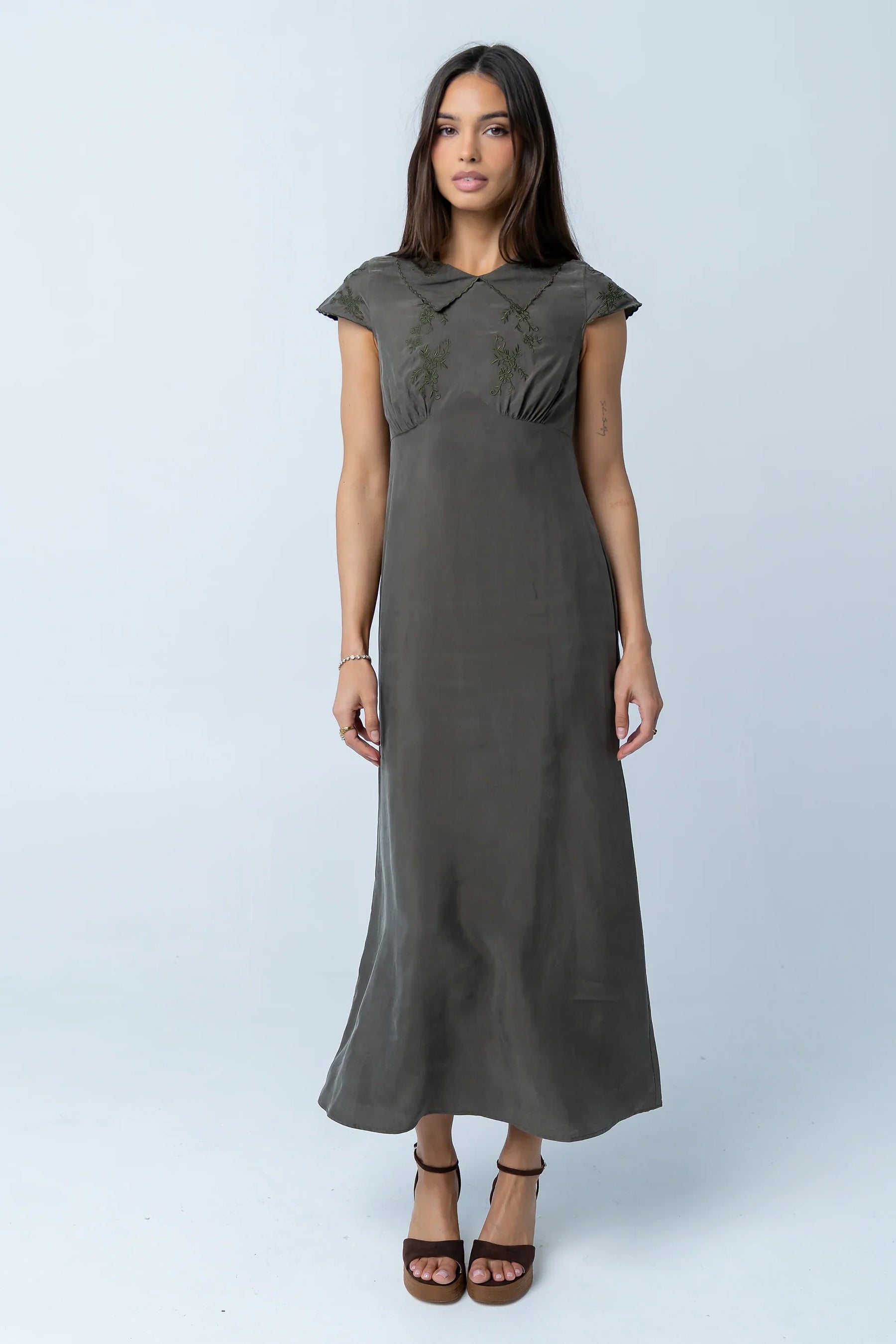 Tammy Embroidered Maxi Dress in Olive