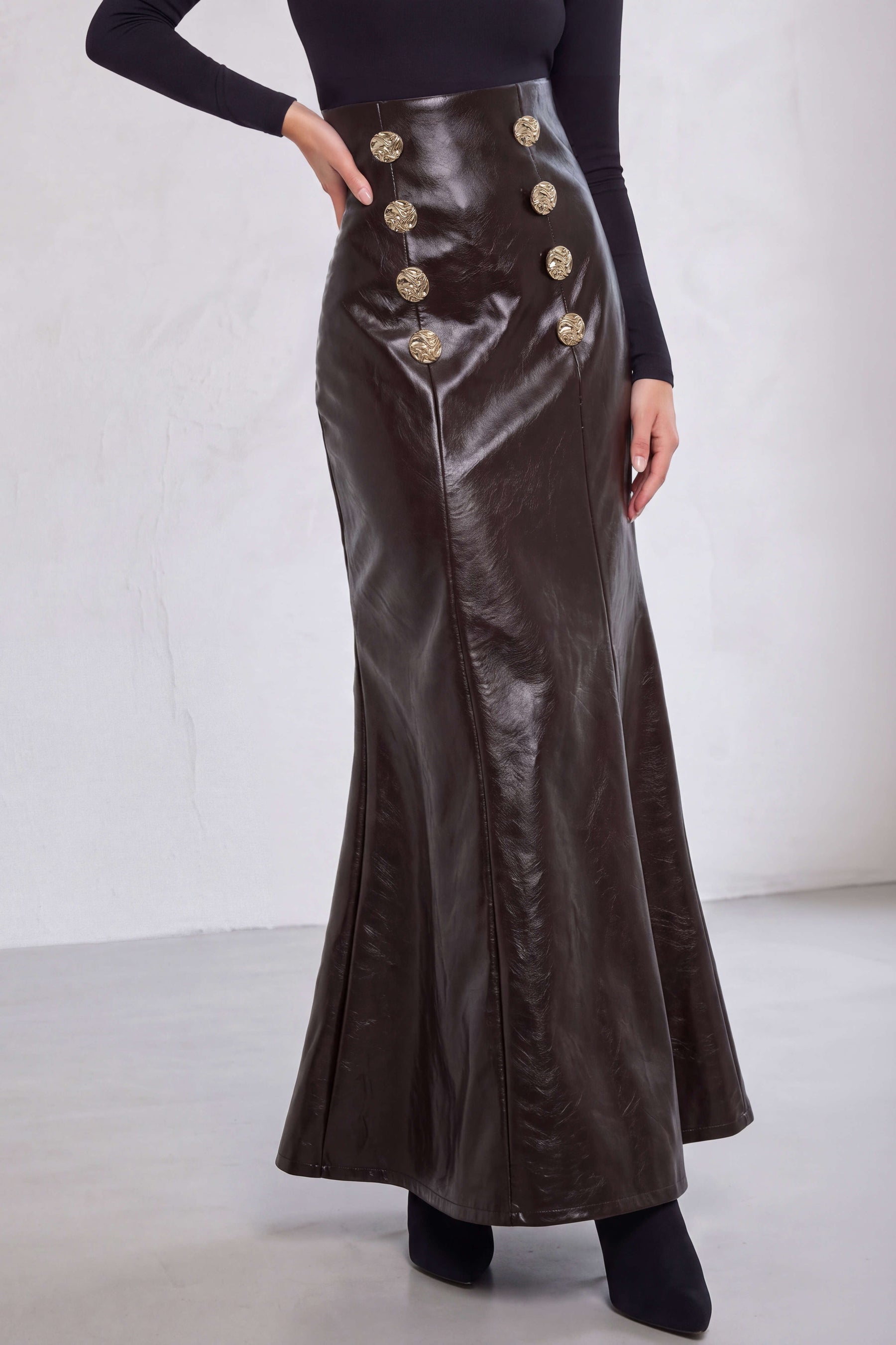 Faux Leather High Waist Button Zipper Skirt