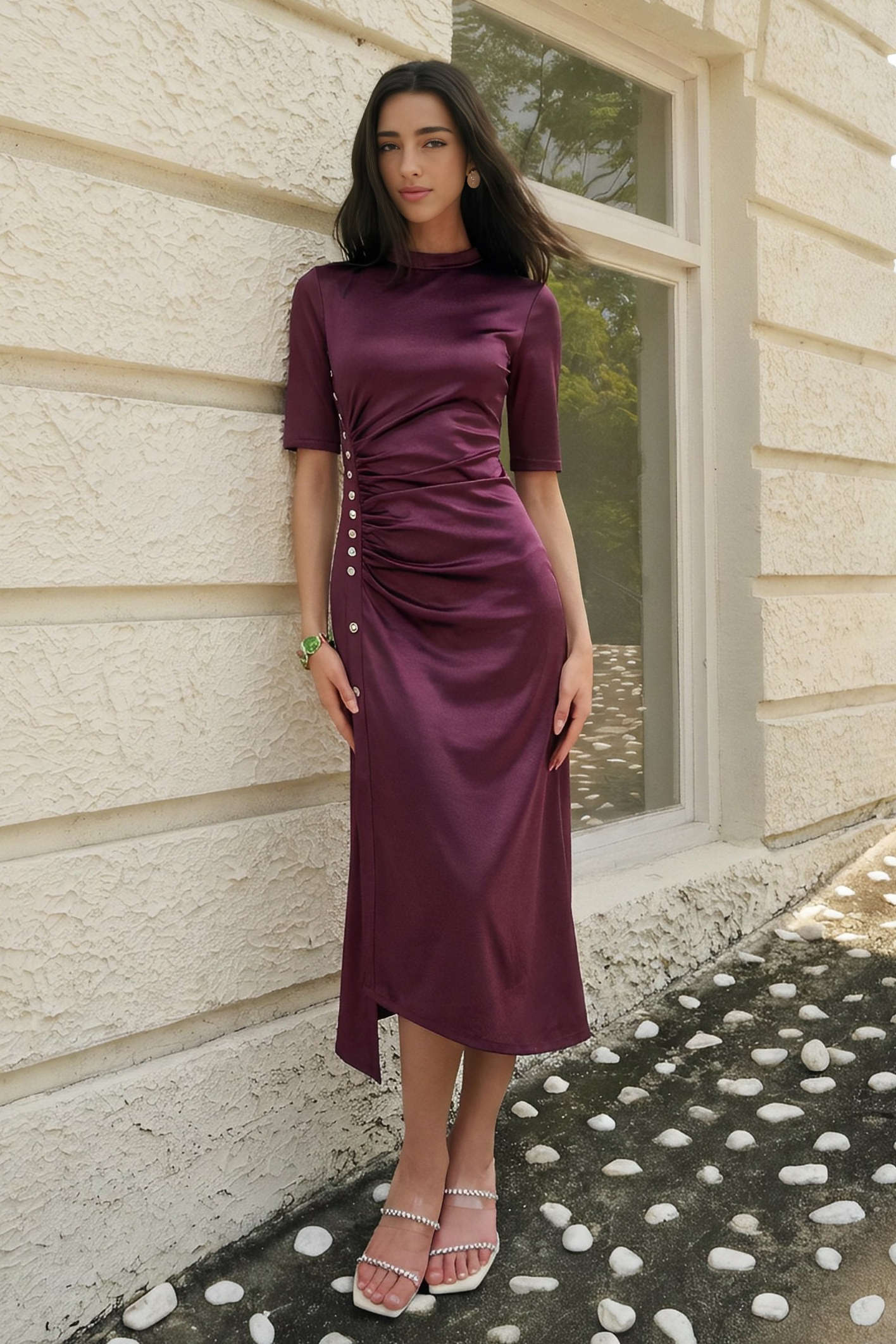 Satin Metallic Button Ruched Short Sleeve Midi Dress