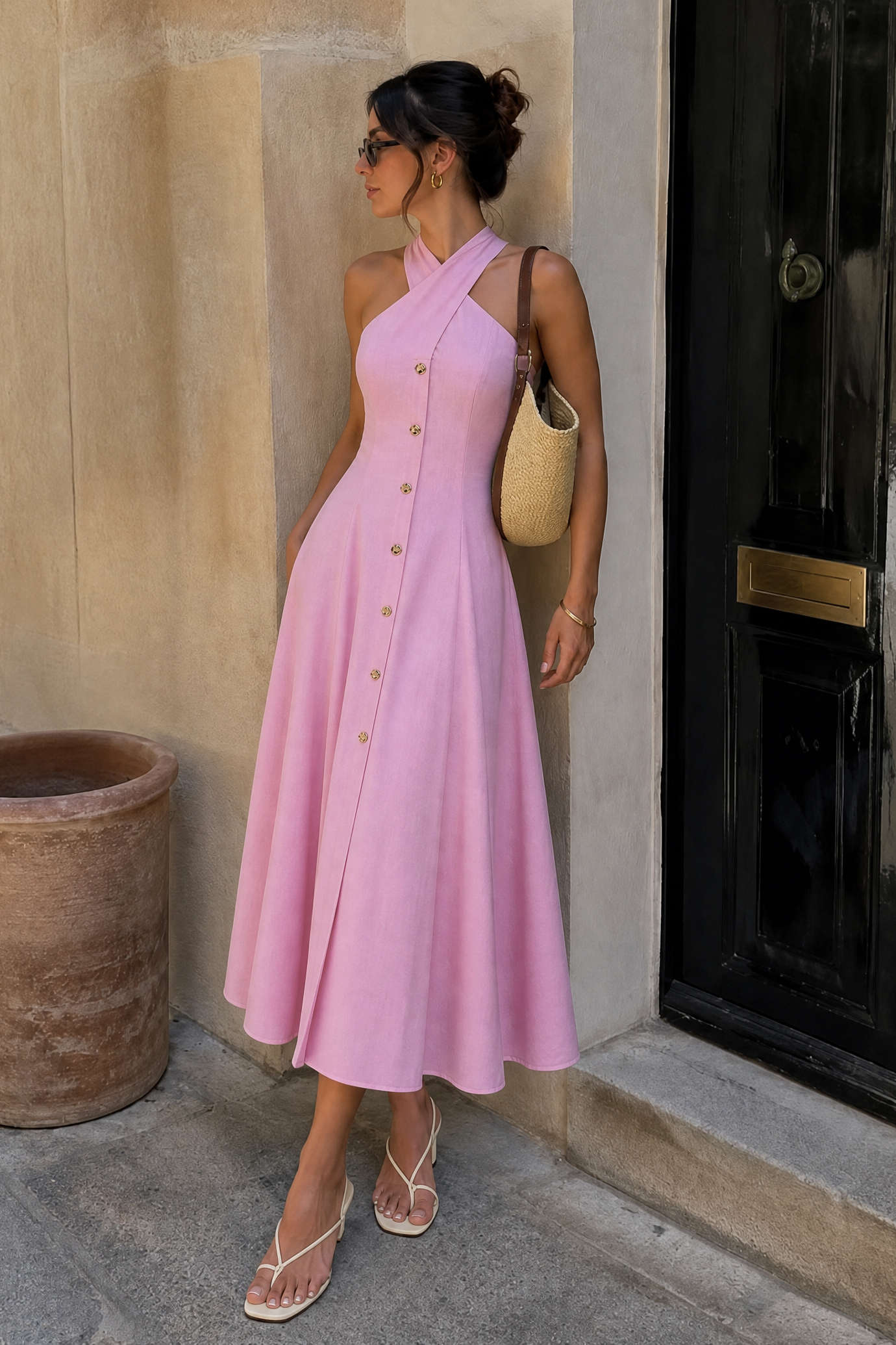 Halter Neck Metallic Button Tie-Up Sleeveless Maxi Dress