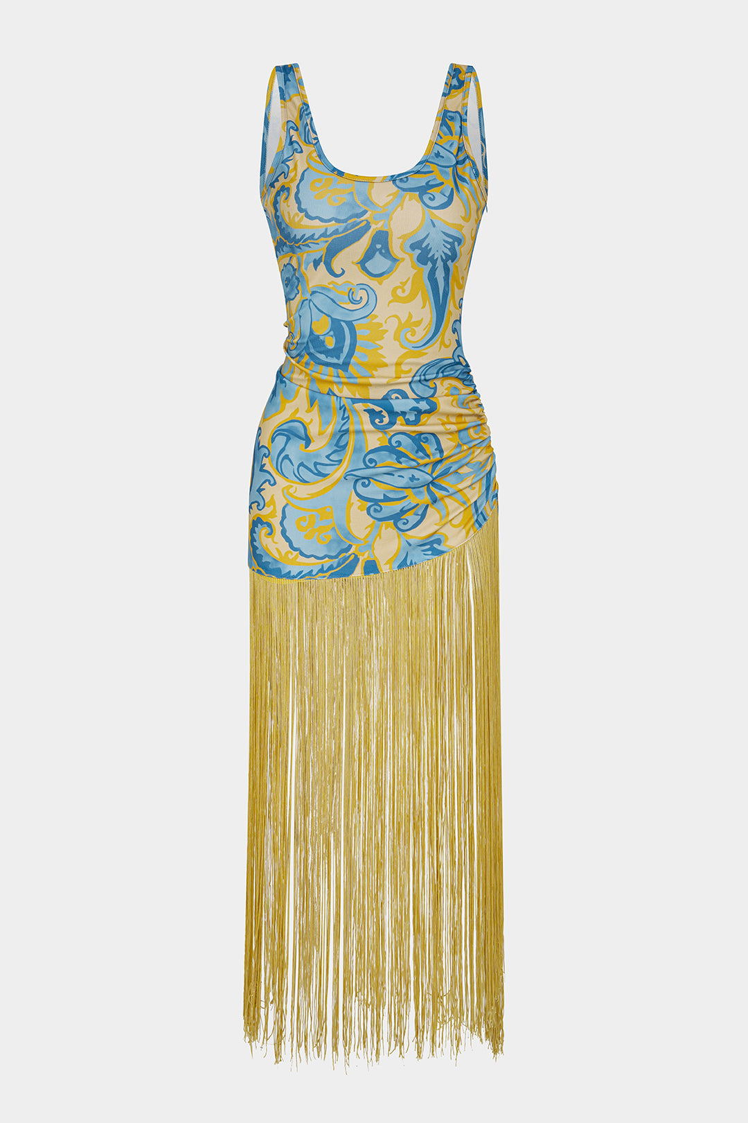Retro Print Round Neck Fringe Hem Sleeveless Maxi Dress