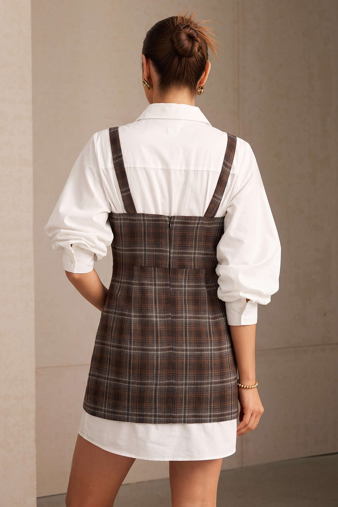 Solid Long Sleeve Shirt And Plaid Print Mini Dress Set