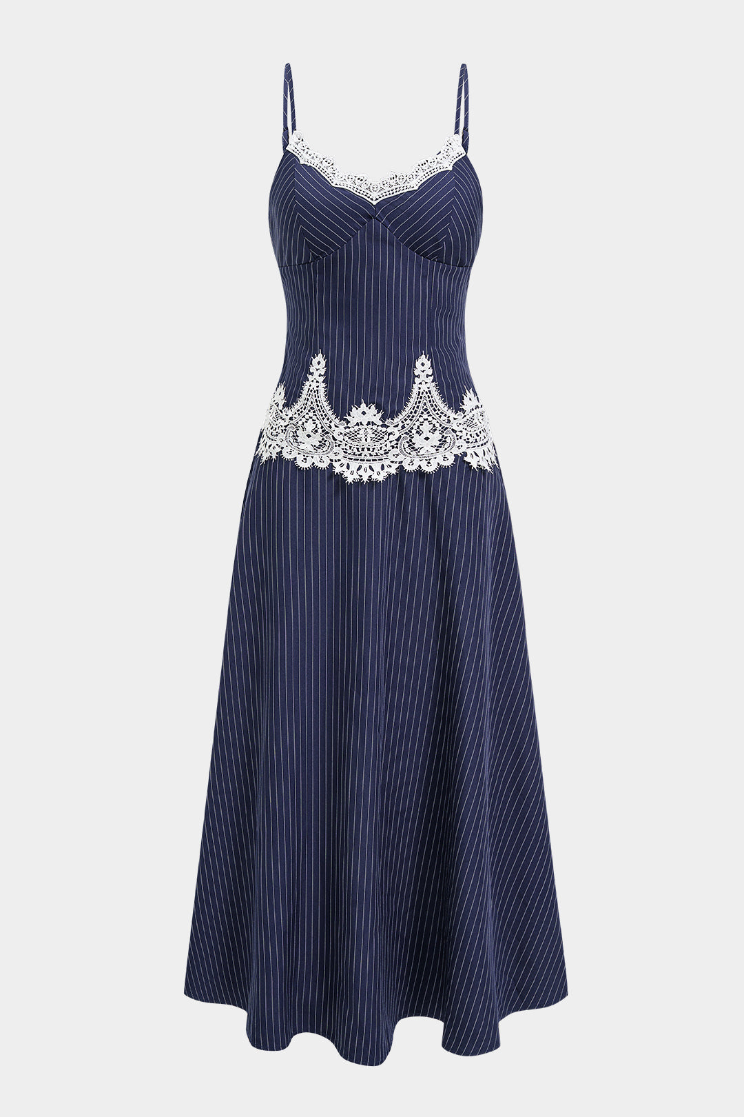 Stripes Print Patchwork Lace Trim Slip Sleeveless Maxi Dress
