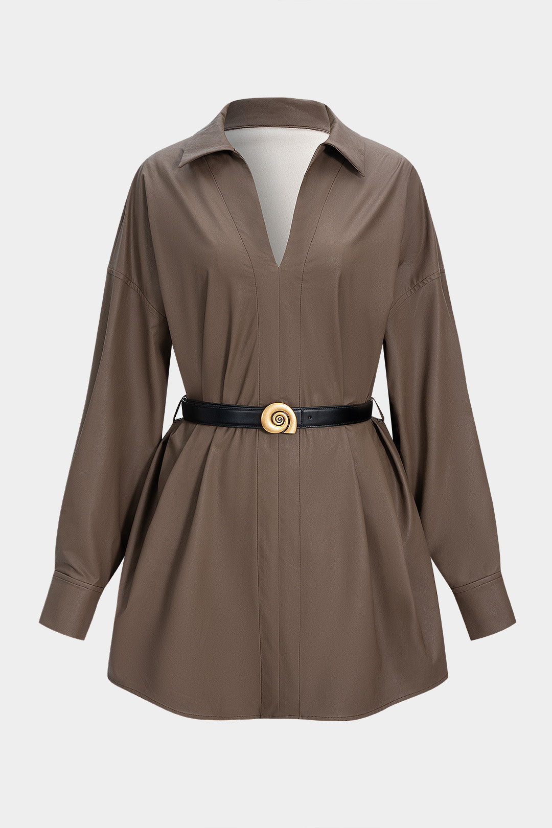 V-Neck Faux Leather Belted Long Sleeve Mini Dress